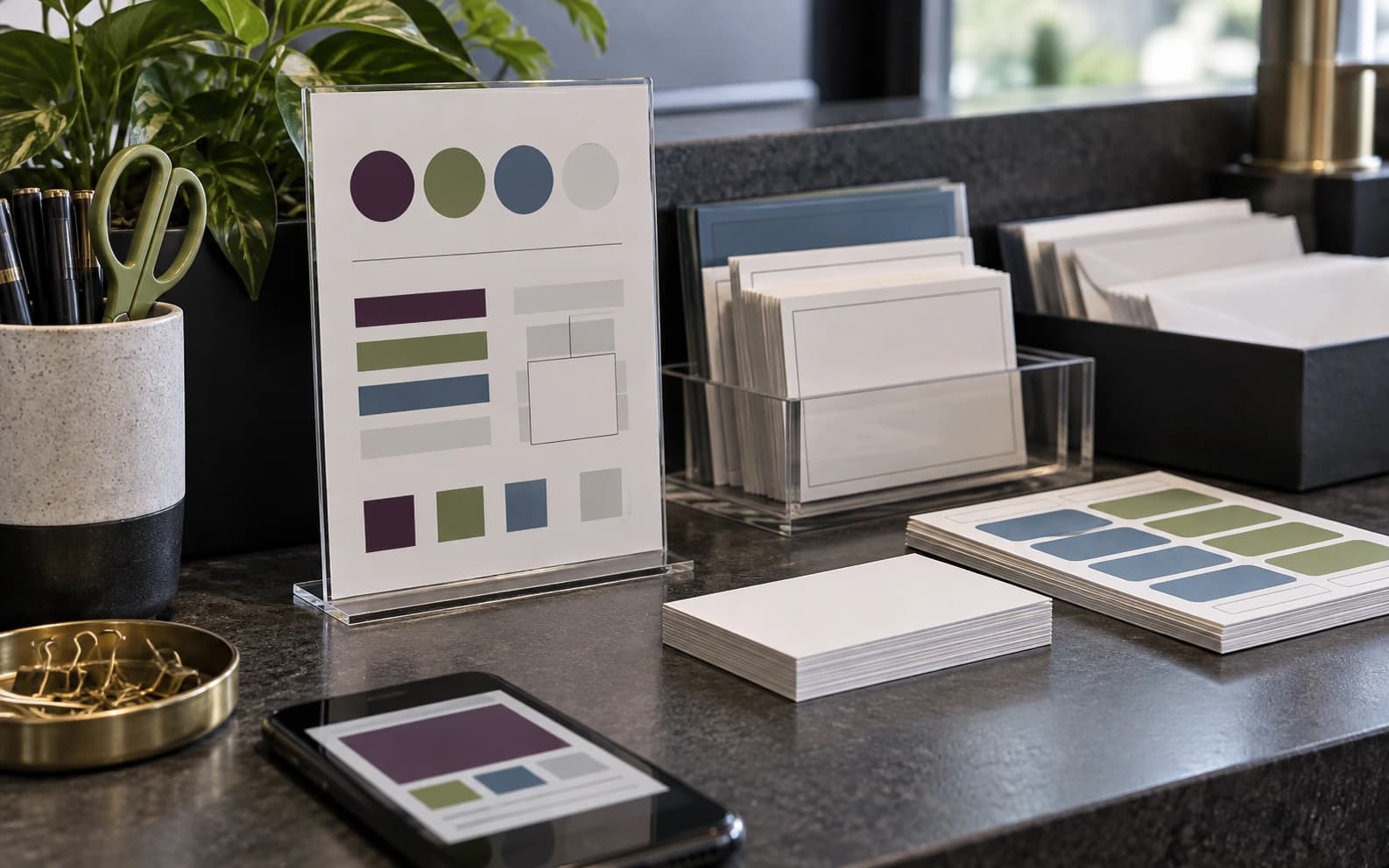A laminated one-page brand rules card stands beside blank cards, envelopes, label sheets, and a phone crop preview on a counter.