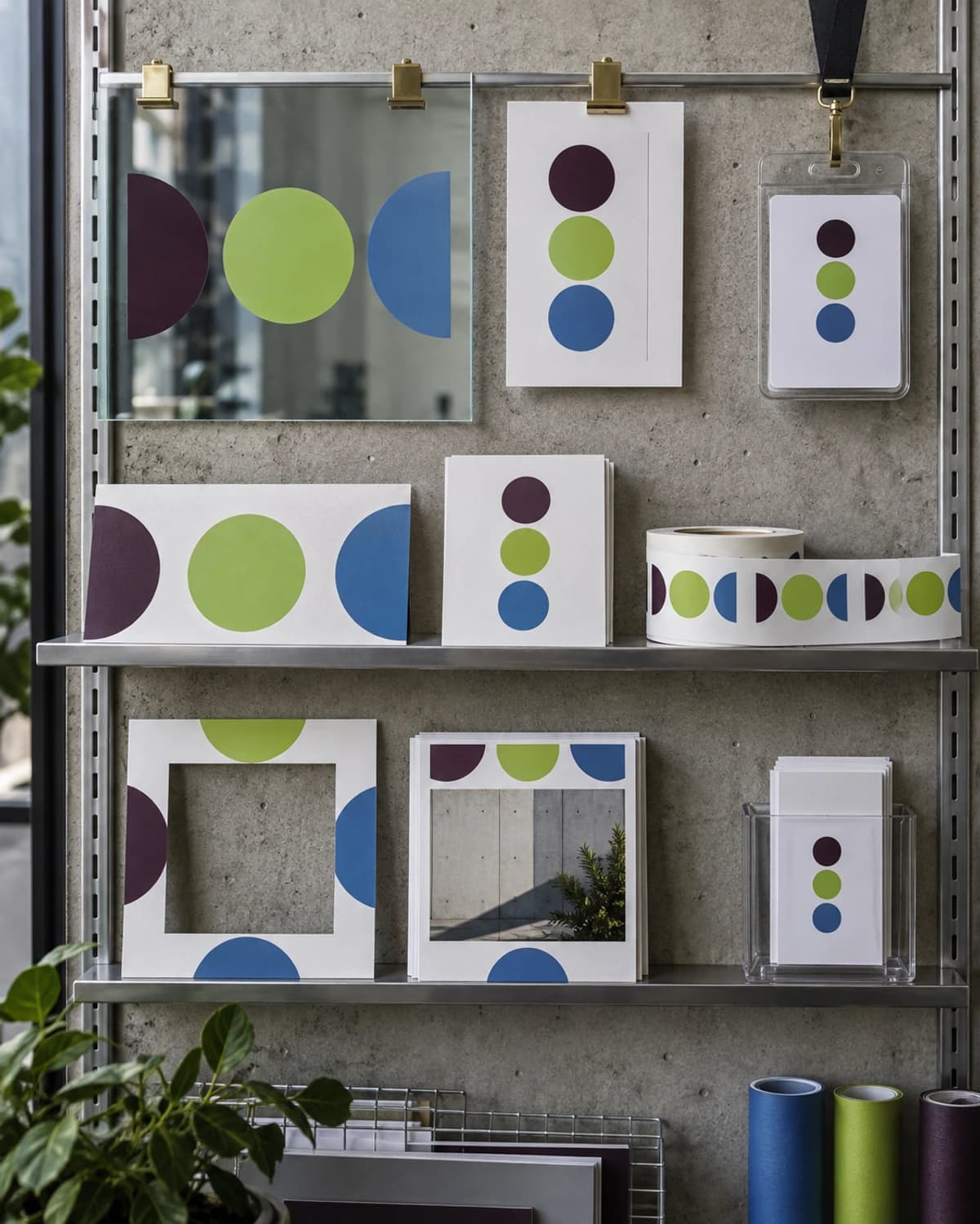 A studio shelf shows abstract window vinyl, cards, label strips, crop frames, and badge blanks following the same color and spacing rules.