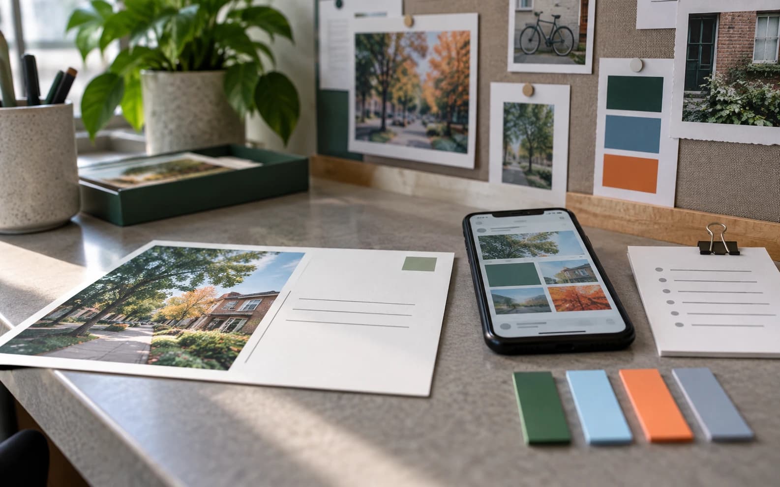 A postcard proof, phone preview, checklist card, and color tabs are compared on a studio counter before campaign launch.