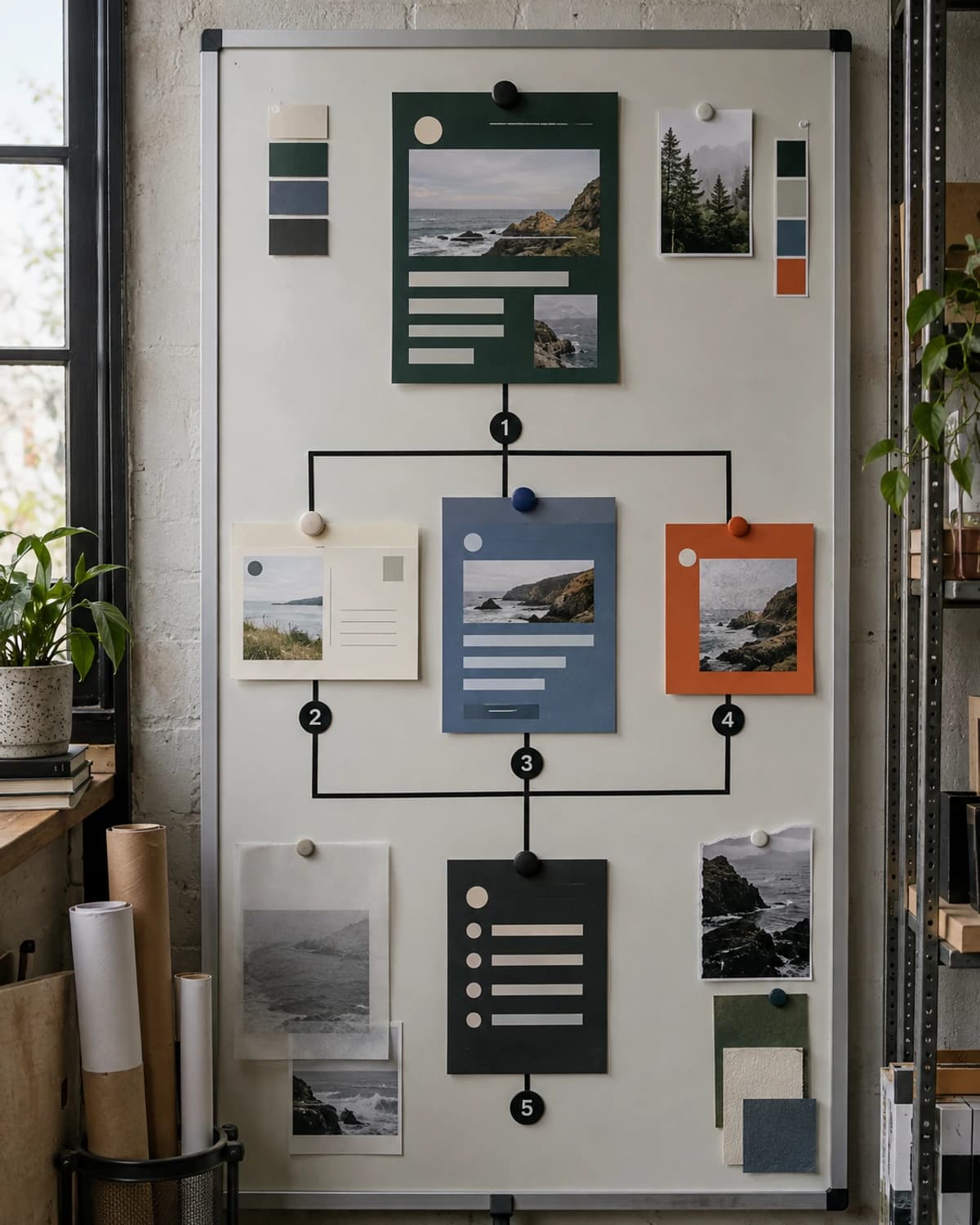 A tall magnetic planning board connects abstract campaign modules with colored cards and numbered route markers.
