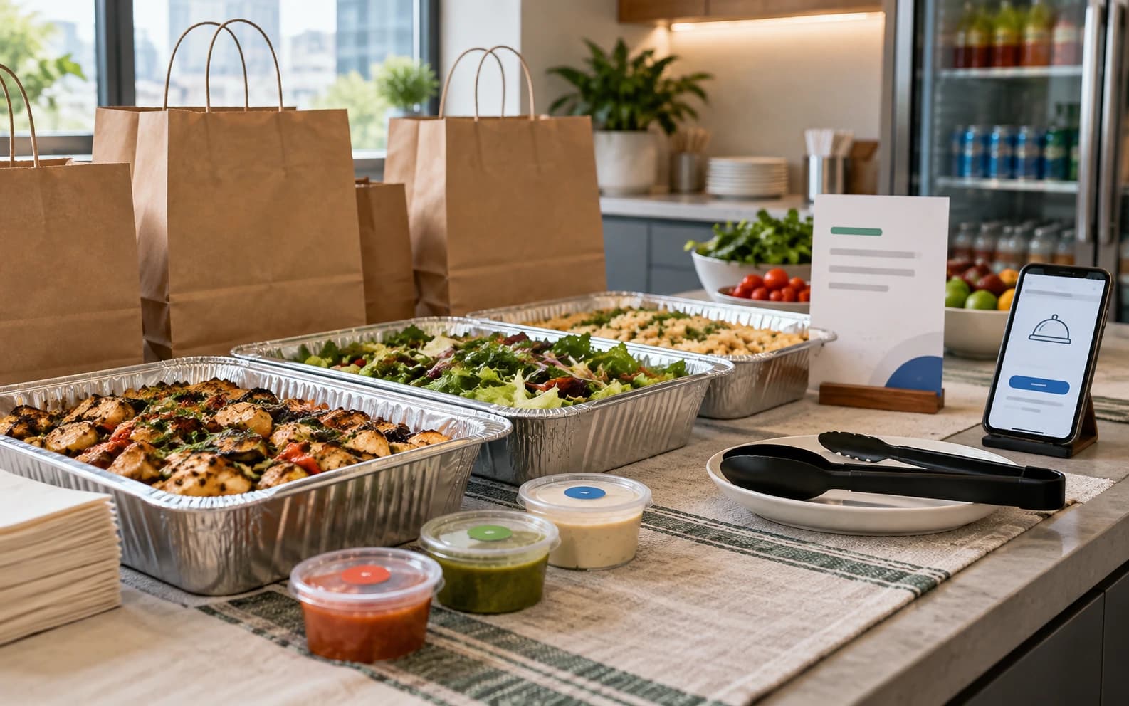 Catering trays, paper bags, sauce cups, serving utensils, an insert card, and a phone reorder screen sit on an office pantry counter.