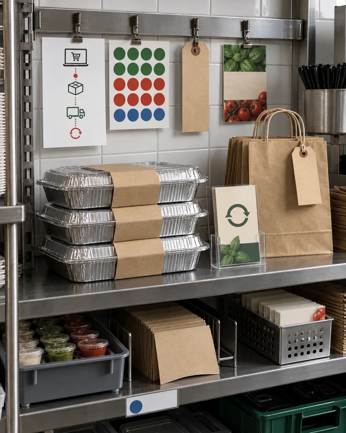 A restaurant production shelf organizes blank tray bands, sauce label dots, bag tags, insert cards, and delivery markers.