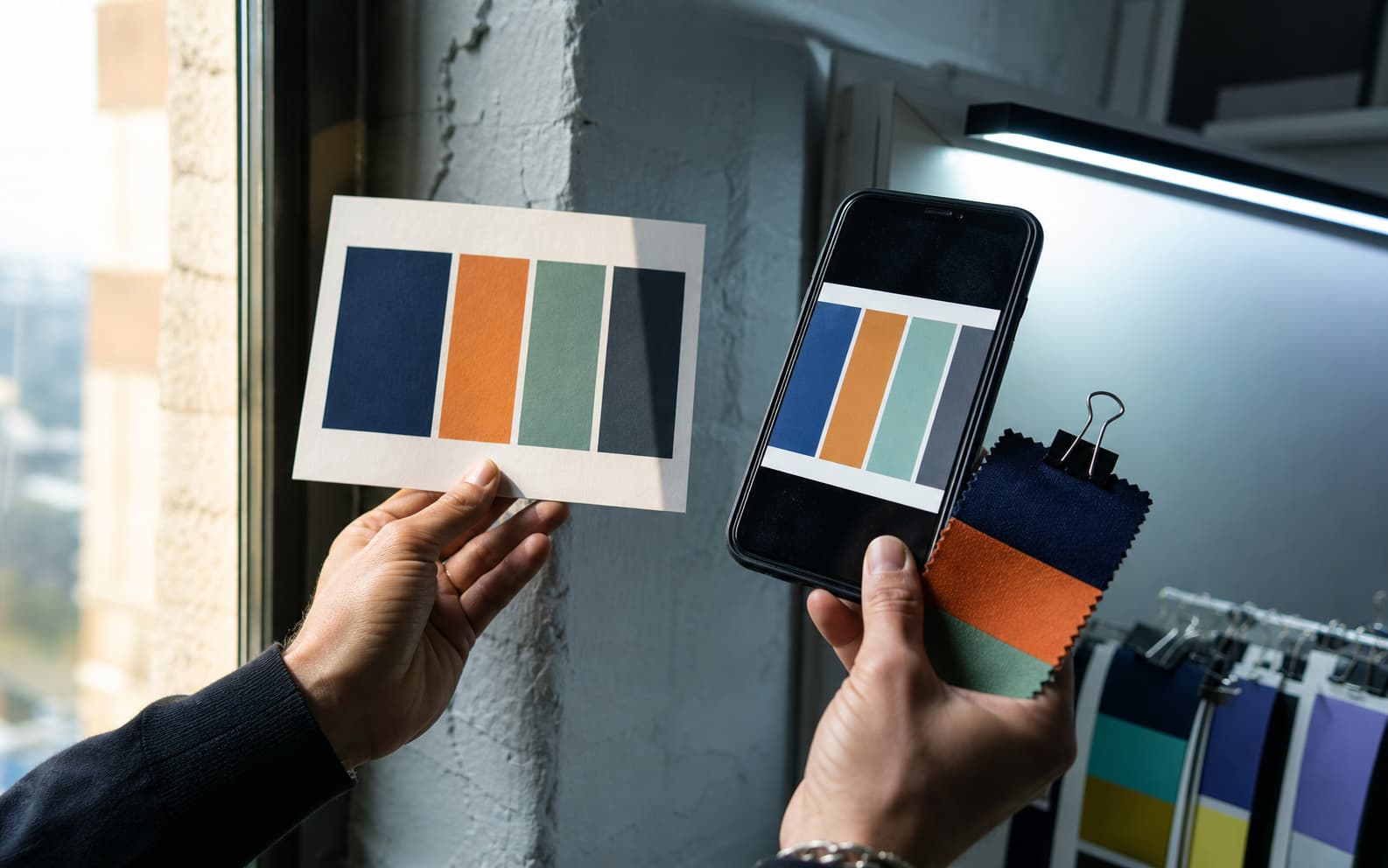 Hands compare printed color blocks, a phone screen, and fabric samples under daylight and a cool LED light.