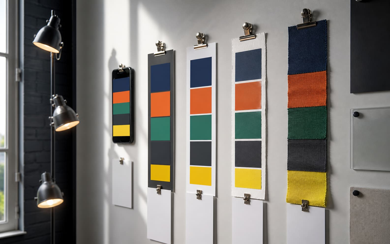 A production studio wall shows the same abstract color sequence moving from screen to print proof to fabric samples.