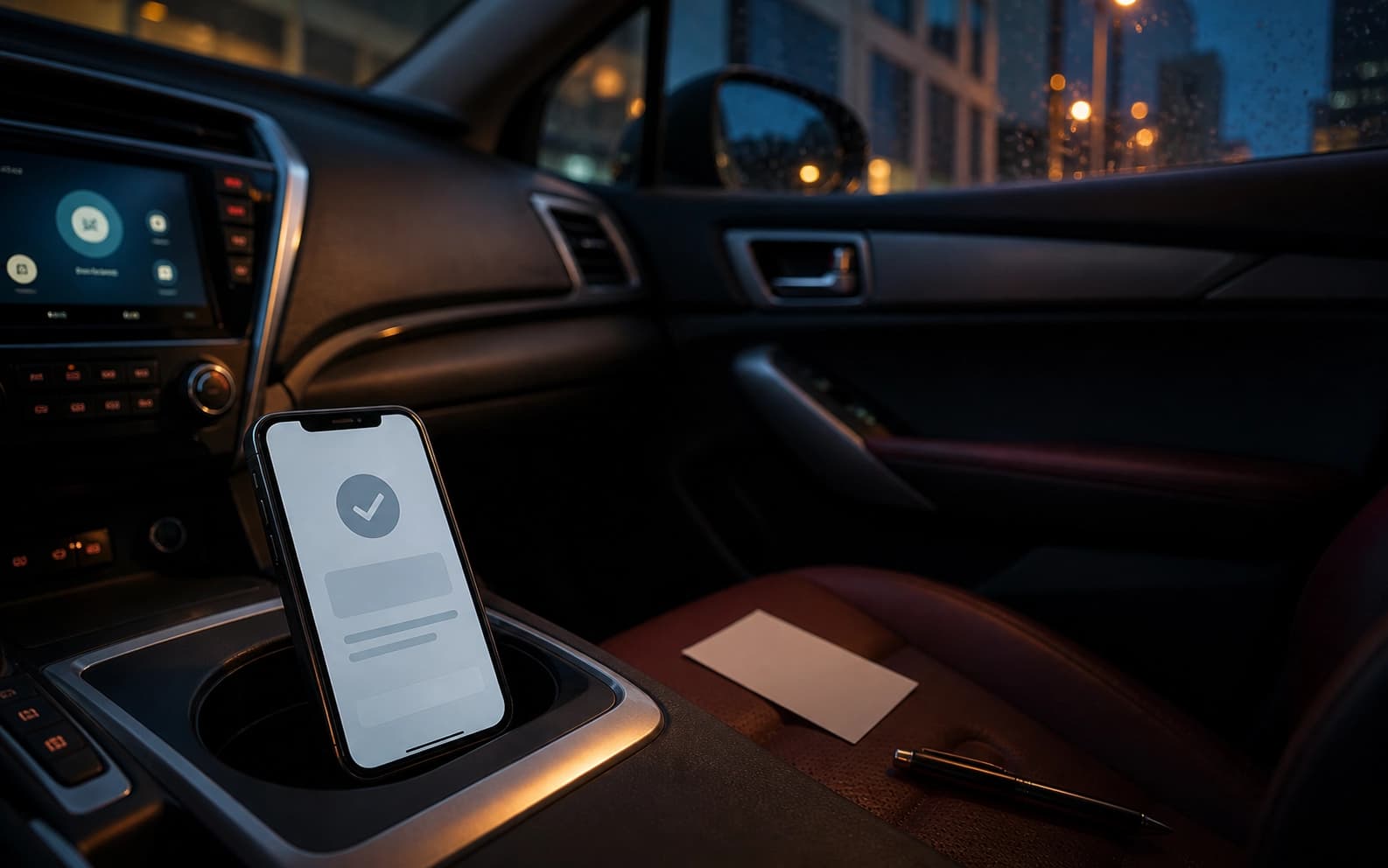 A phone in a parked car shows an abstract confirmation screen beside a blank appointment card and pen.