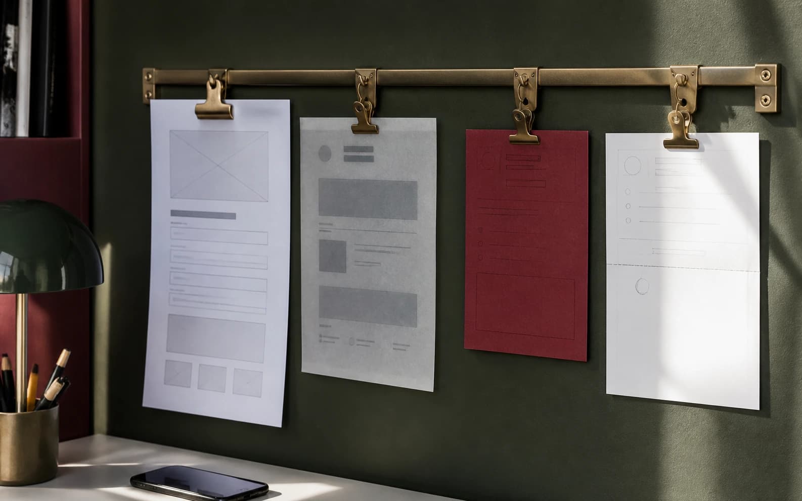 Blank website form, email, intake card, and staff handoff sheets hang from a wall rail in one communication sequence.