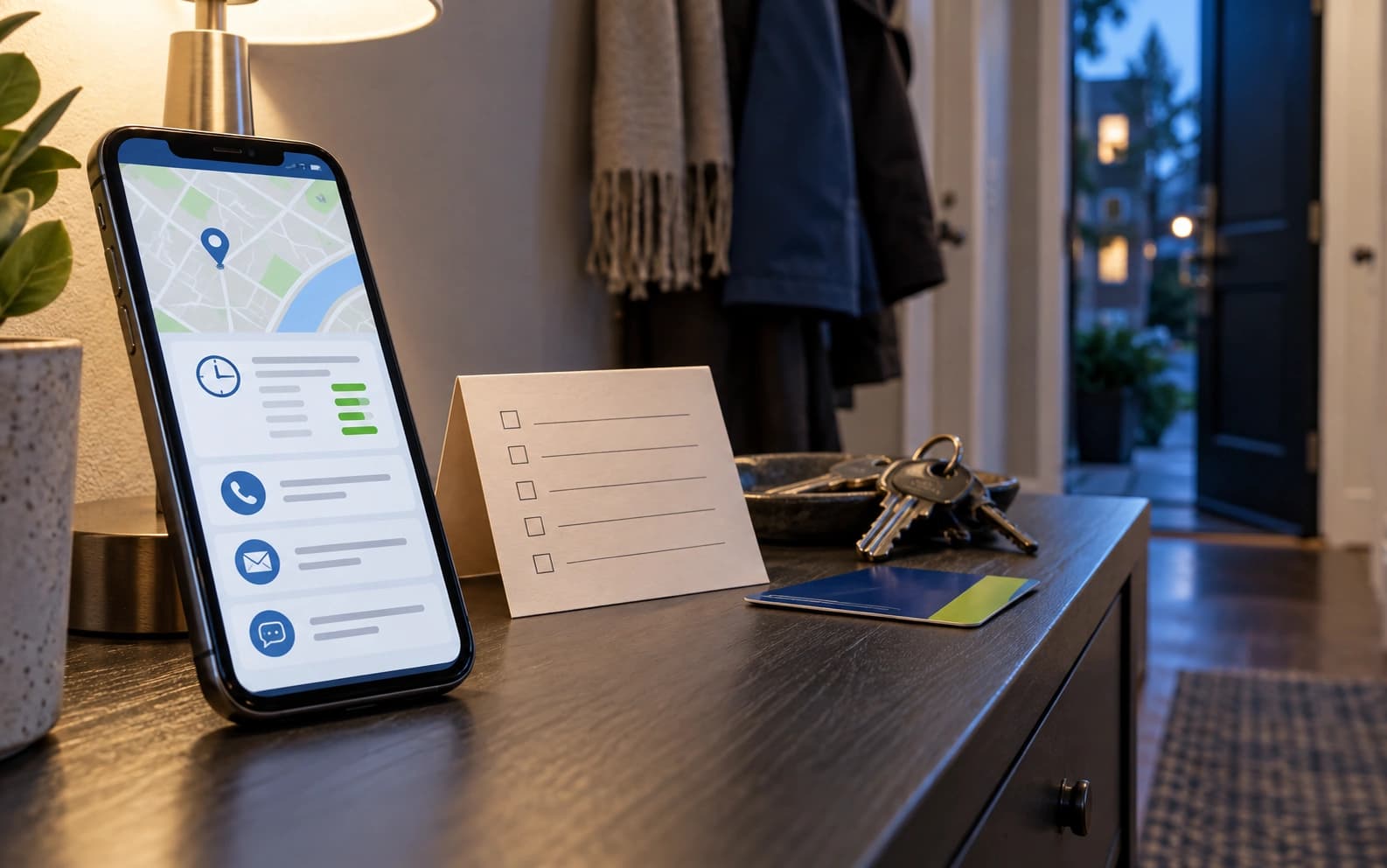 A phone with abstract map and contact blocks sits on an entry table beside keys and a blank checklist card.