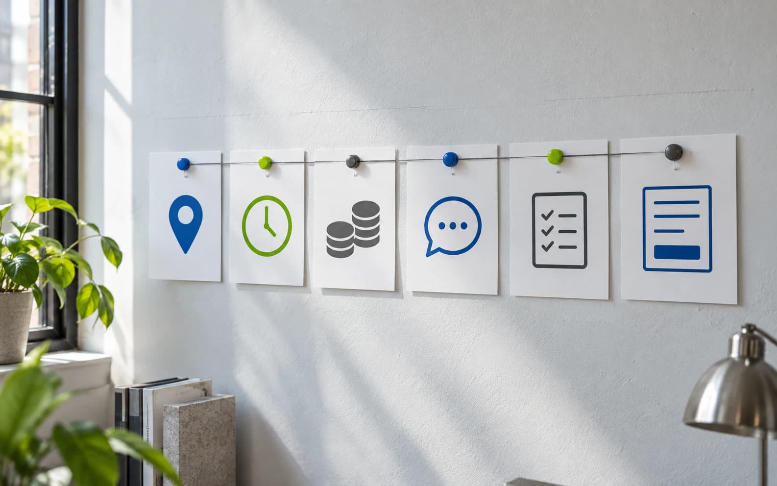 Six blank cards with icons for location, hours, cost, conversation, checklist, and form are pinned in sequence on a studio wall.