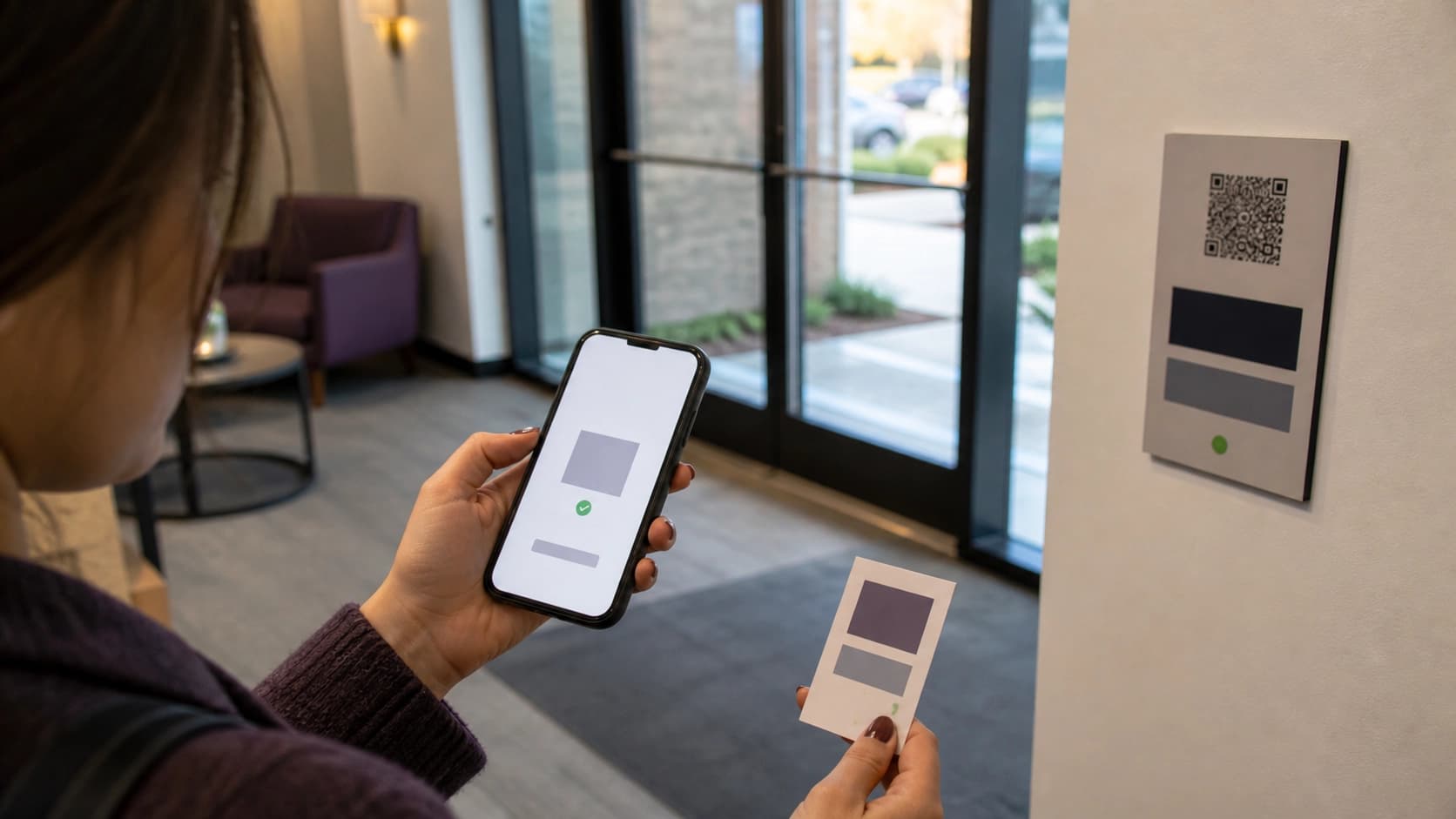 A customer compares a phone confirmation screen with printed follow-up cards in a quiet business lobby.