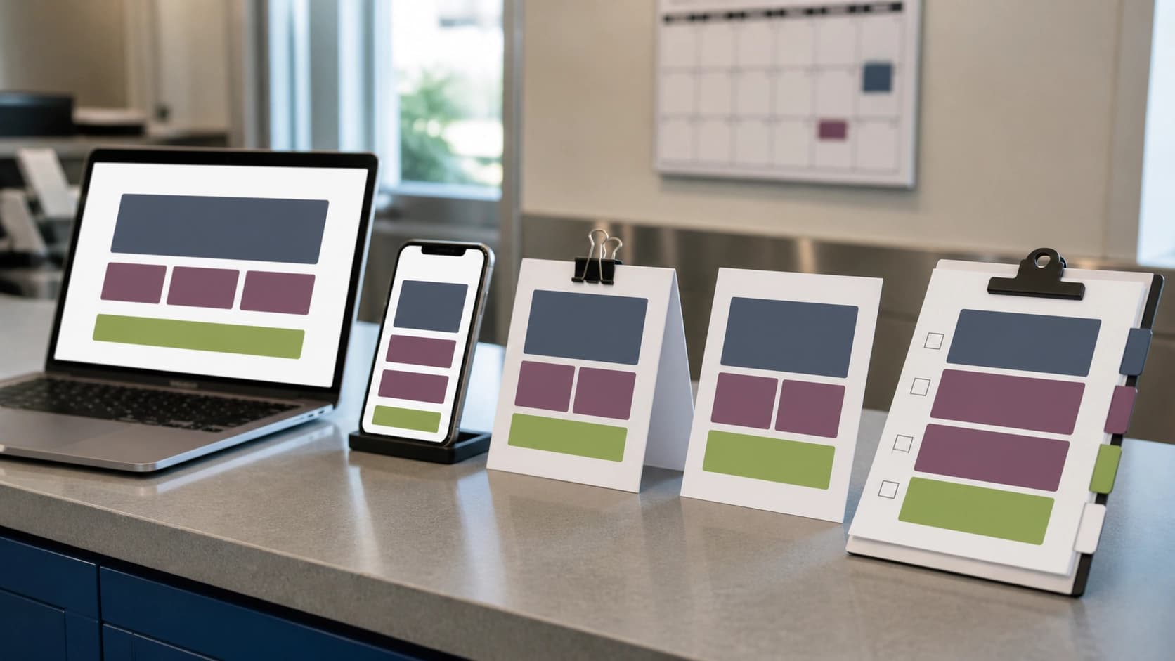 A confirmation journey kit shows matching blank layouts across laptop, phone, printed cards, and a staff checklist.