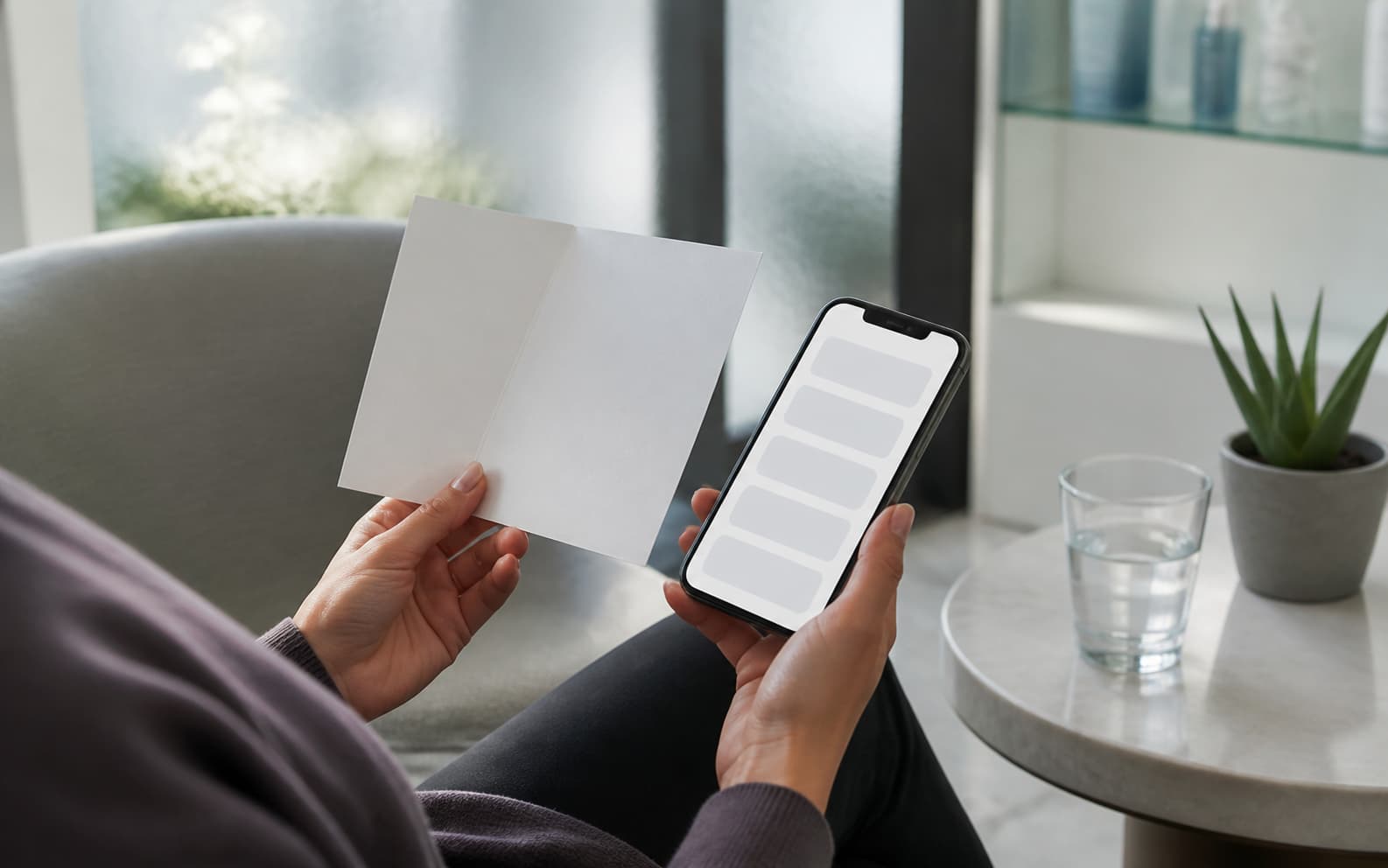 A med spa client compares a blank folded aftercare card with a mobile reminder screen in a calm lounge.