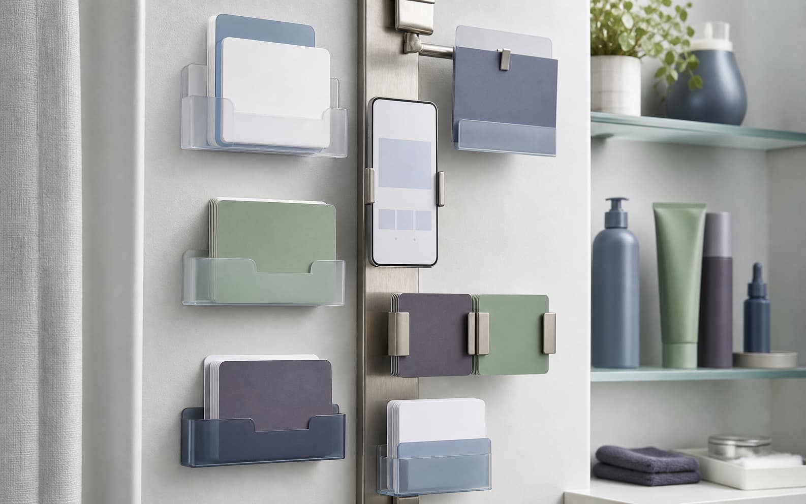 A vertical med spa communication system shows blank cards, reminder panels, and product cue cards clipped beside treatment shelves.