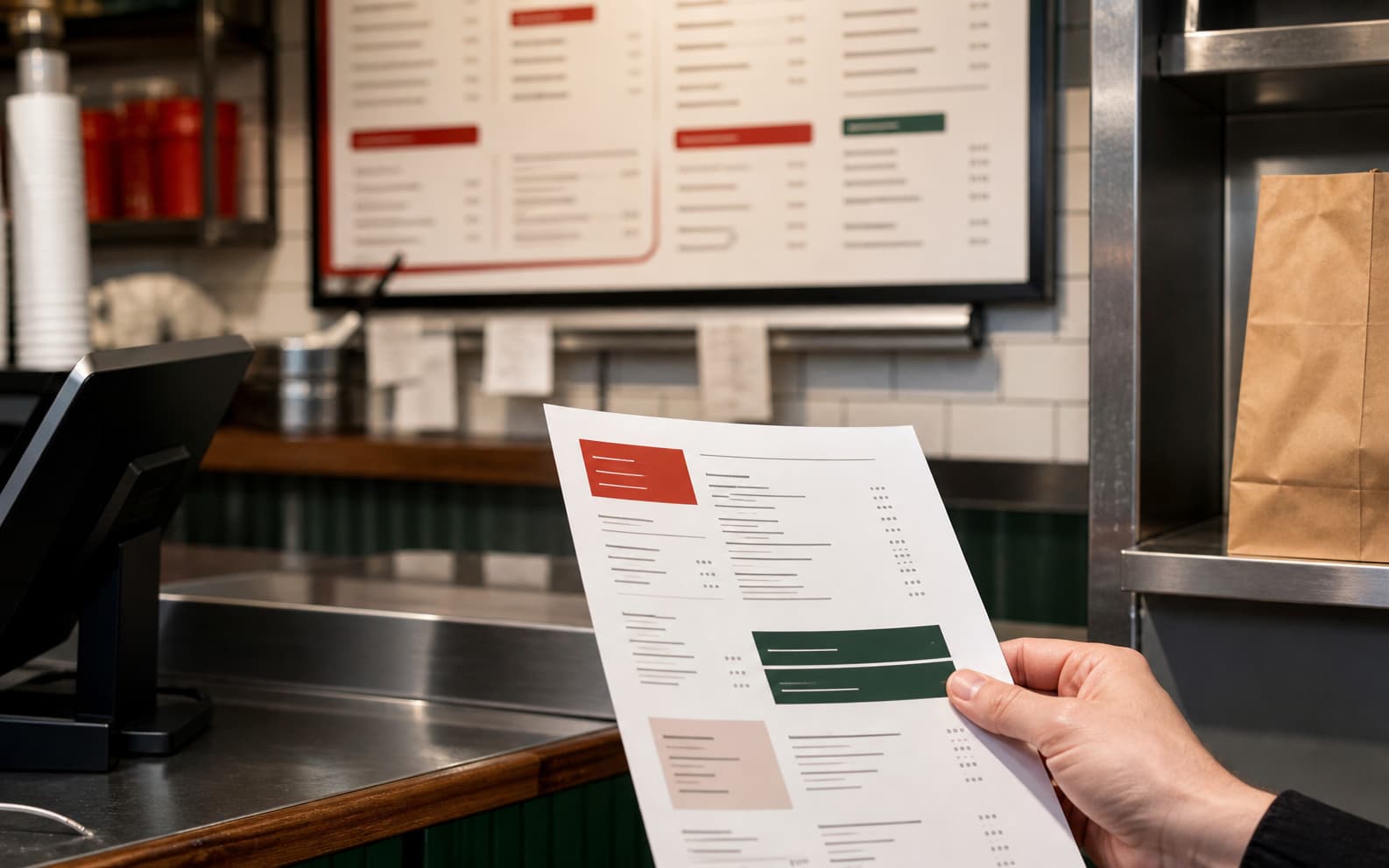A hand reviews a printed restaurant menu at a counter with a matching wall menu blurred behind it.