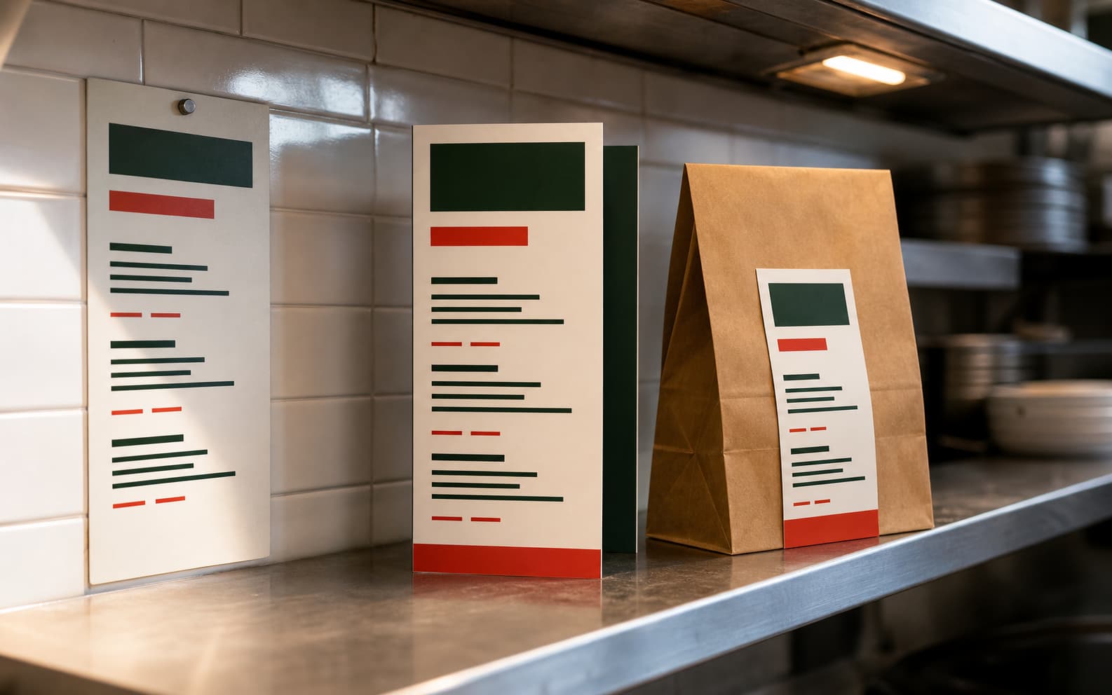 Restaurant menu formats stand on a pass shelf beside a kraft takeout bag with matching abstract hierarchy.