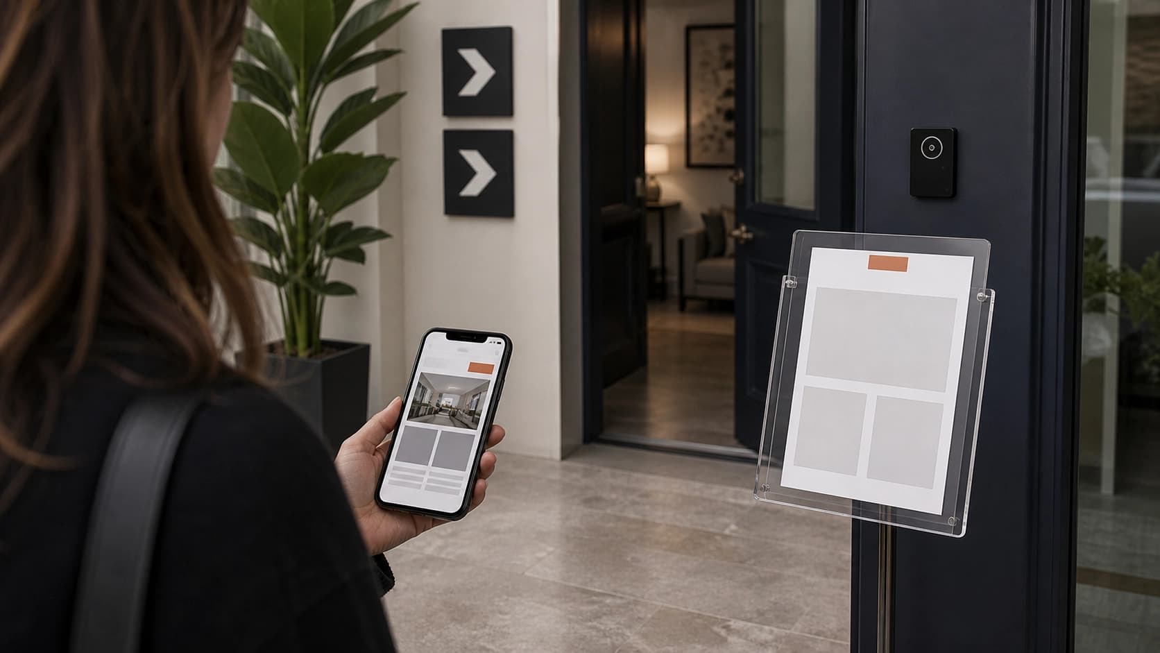 A buyer compares a phone property page with a blank printed open-house sheet near a property entrance.