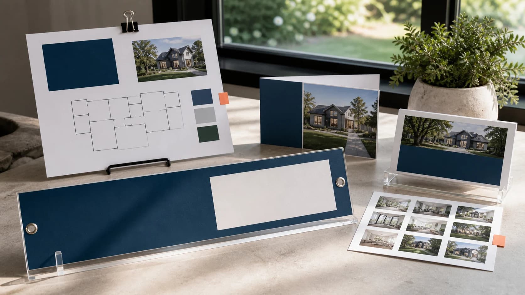 A real estate open-house kit shows blank property sheets, floor-plan blocks, sign panels, postcards, and photo crops.