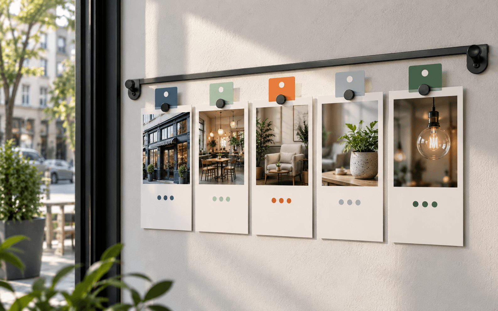 A rail of blank profile photo cards shows an exterior, interior, detail, and atmosphere sequence.