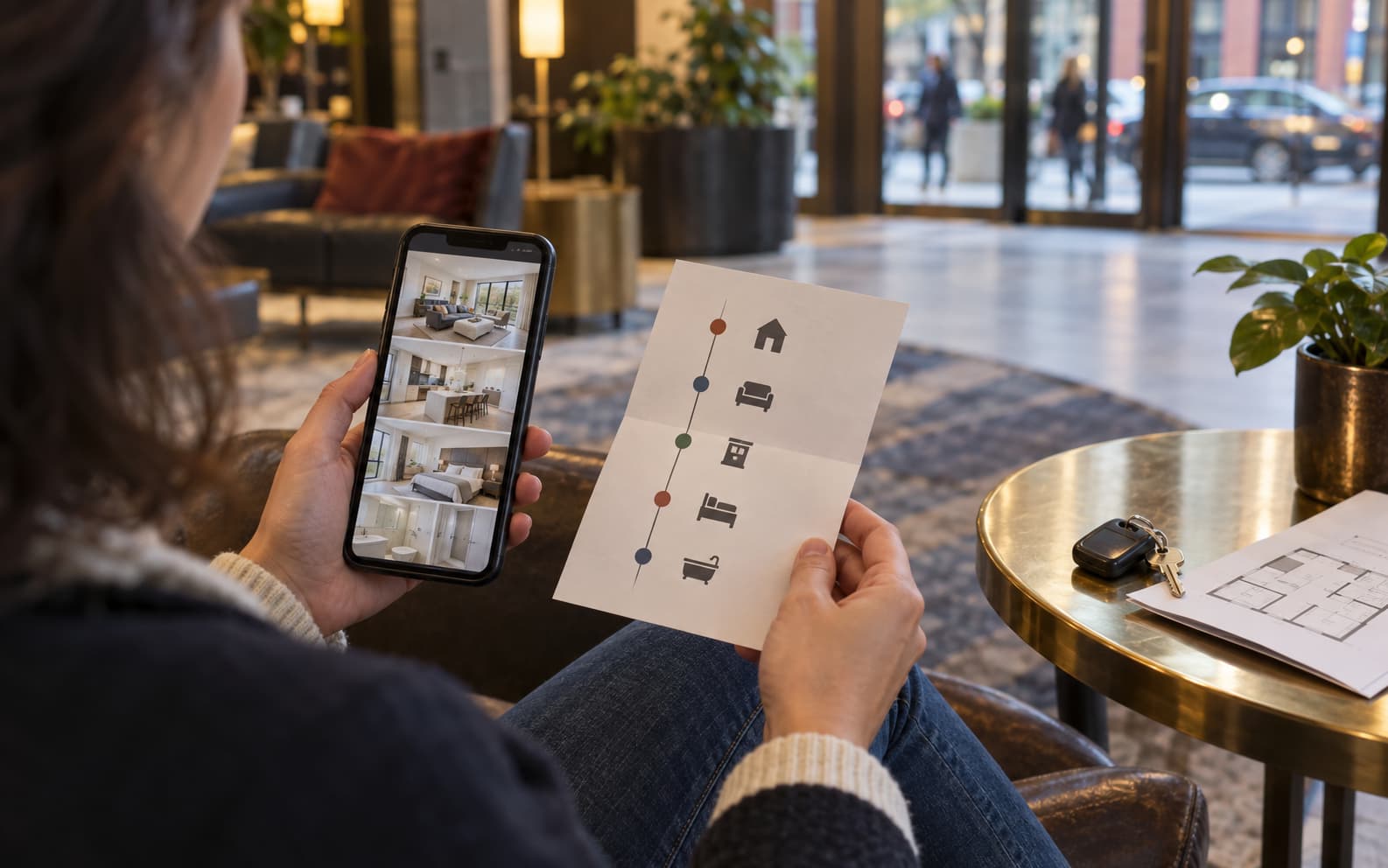 A buyer compares an abstract open-house route card with a phone gallery sequence in a lobby.