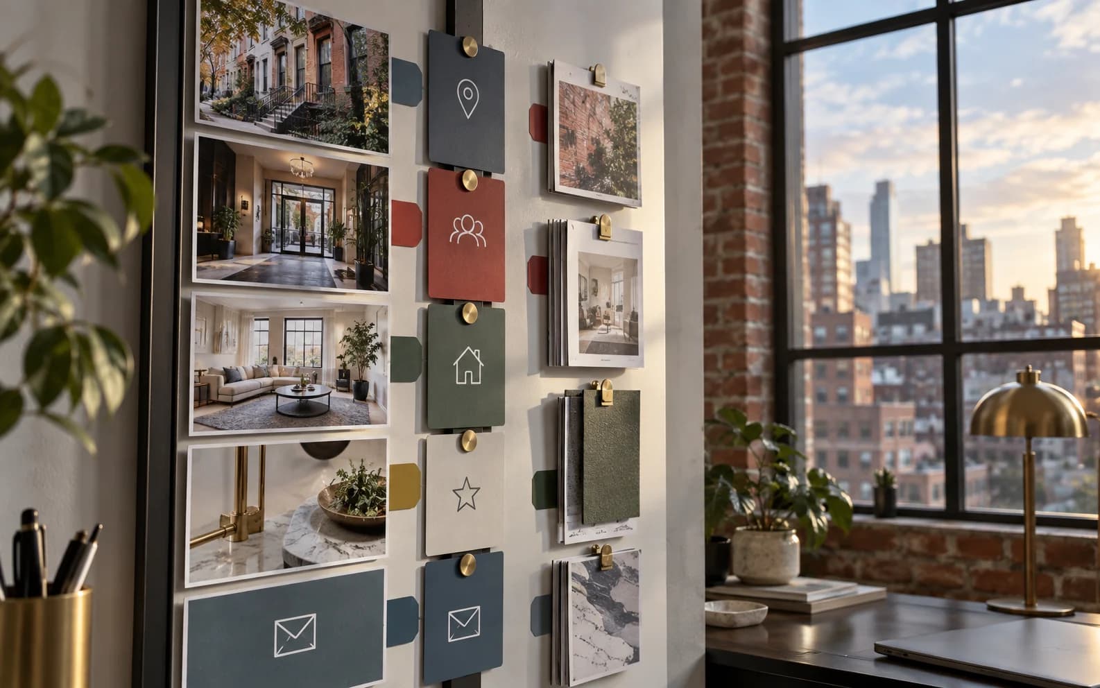 A property marketing rail aligns photo crops, route icons, print cards, and follow-up blocks.