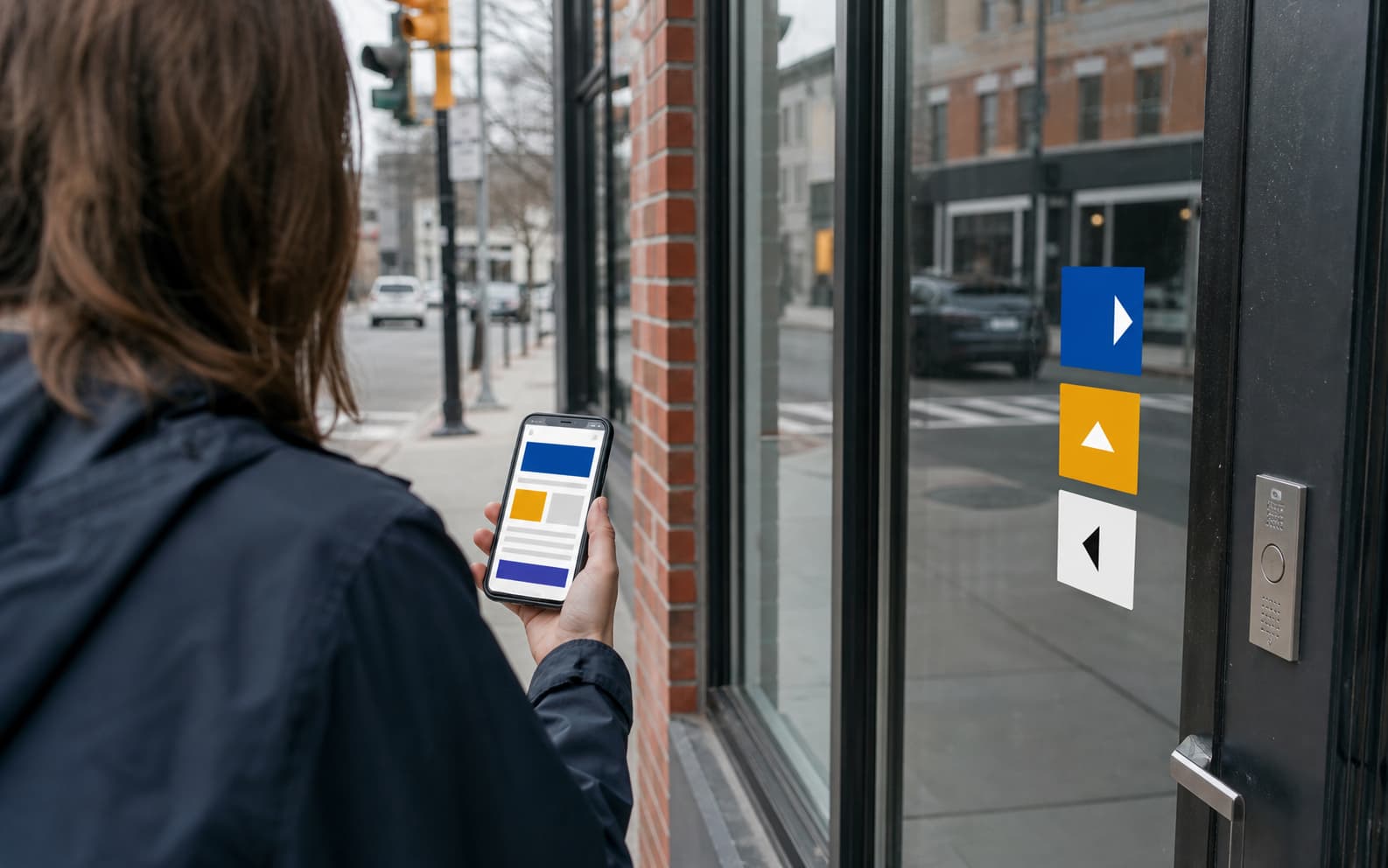 A customer compares a phone screen with abstract storefront direction signs on a local business window.