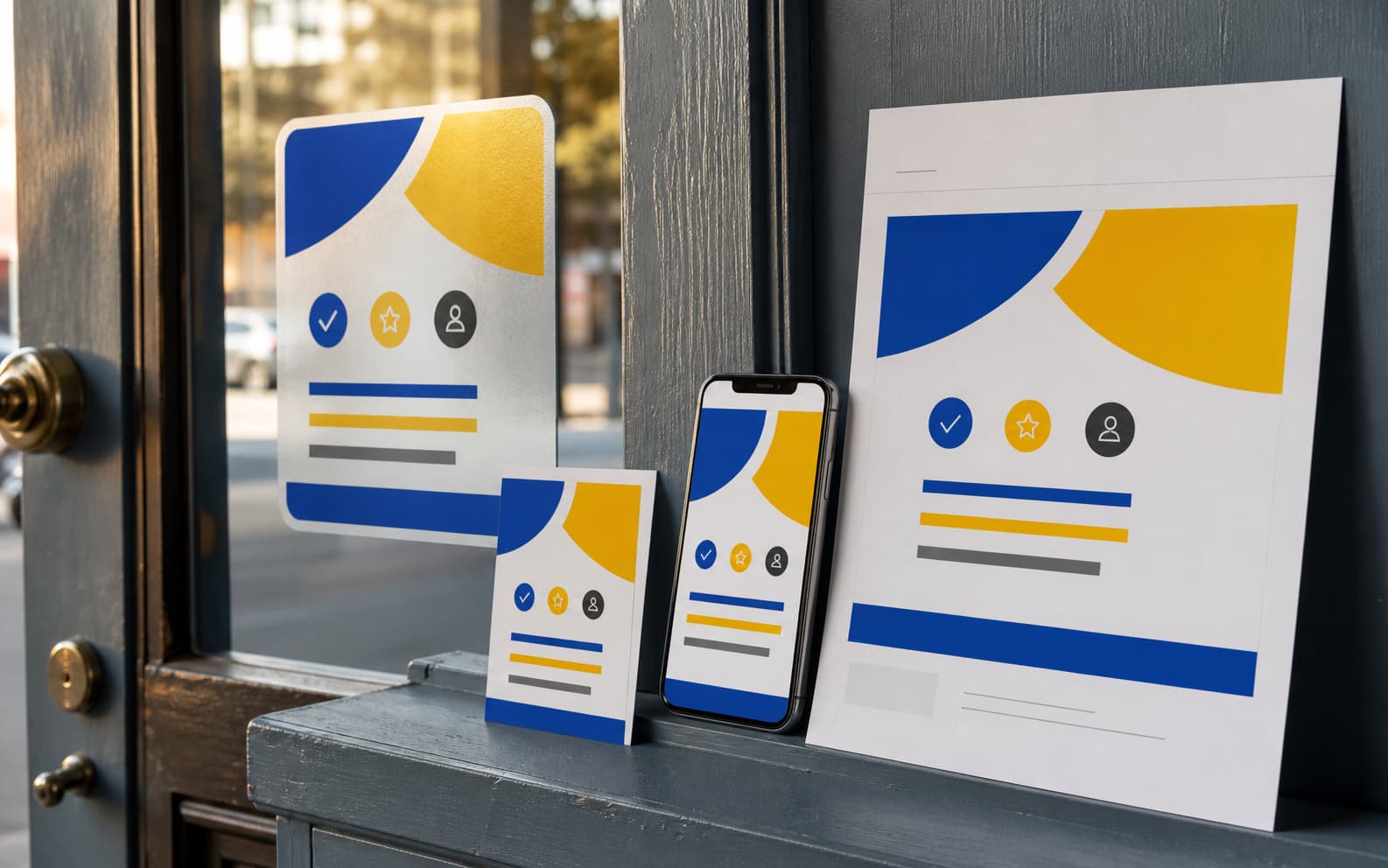 A local service offer kit appears on a phone, window decal sample, printed card, and email header sheet.