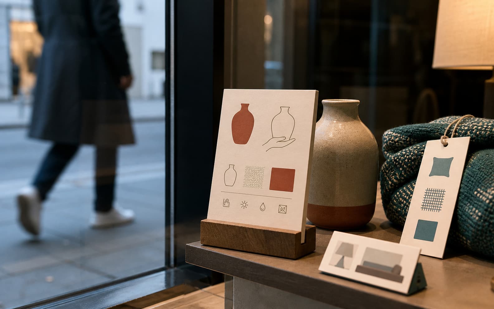 Retail display cards and product tags sit inside a showroom window while a passerby moves outside.