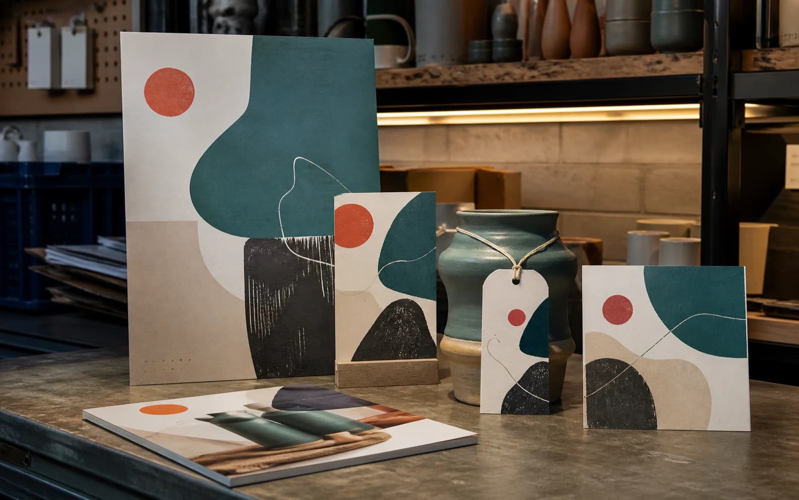 A retail campaign kit with a window card, product tag, lookbook page, and social crop proof sits near showroom shelves.