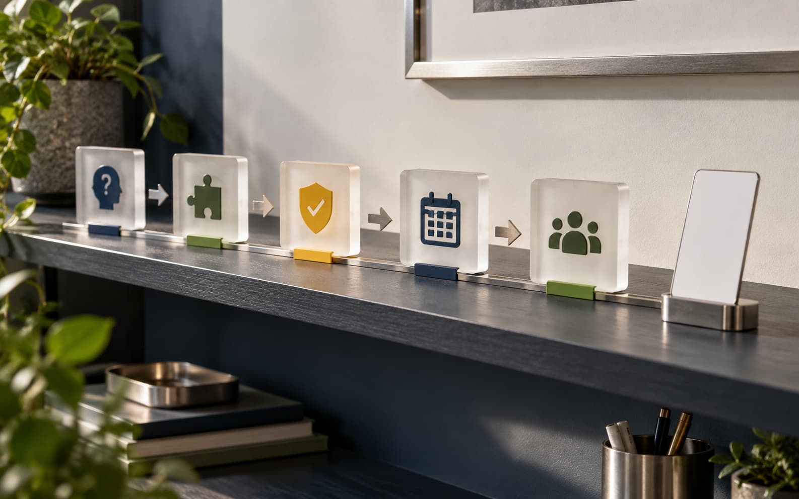 Frosted acrylic blocks with icons show a service journey from question to appointment.