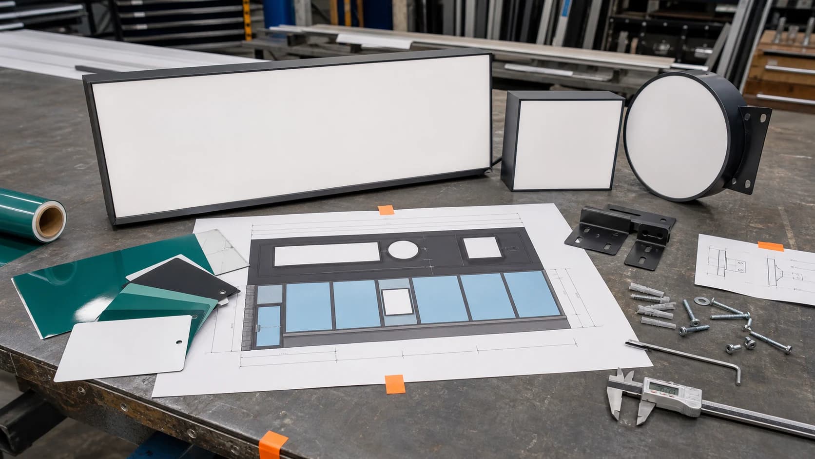 Blank sign panels, vinyl samples, mounting hardware, and a storefront elevation sit on a fabrication workshop table.