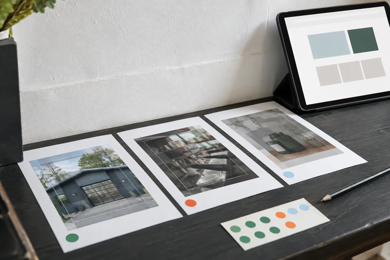 Three website photo crops for location, process, and detail are reviewed beside a tablet layout and colored purpose dots.