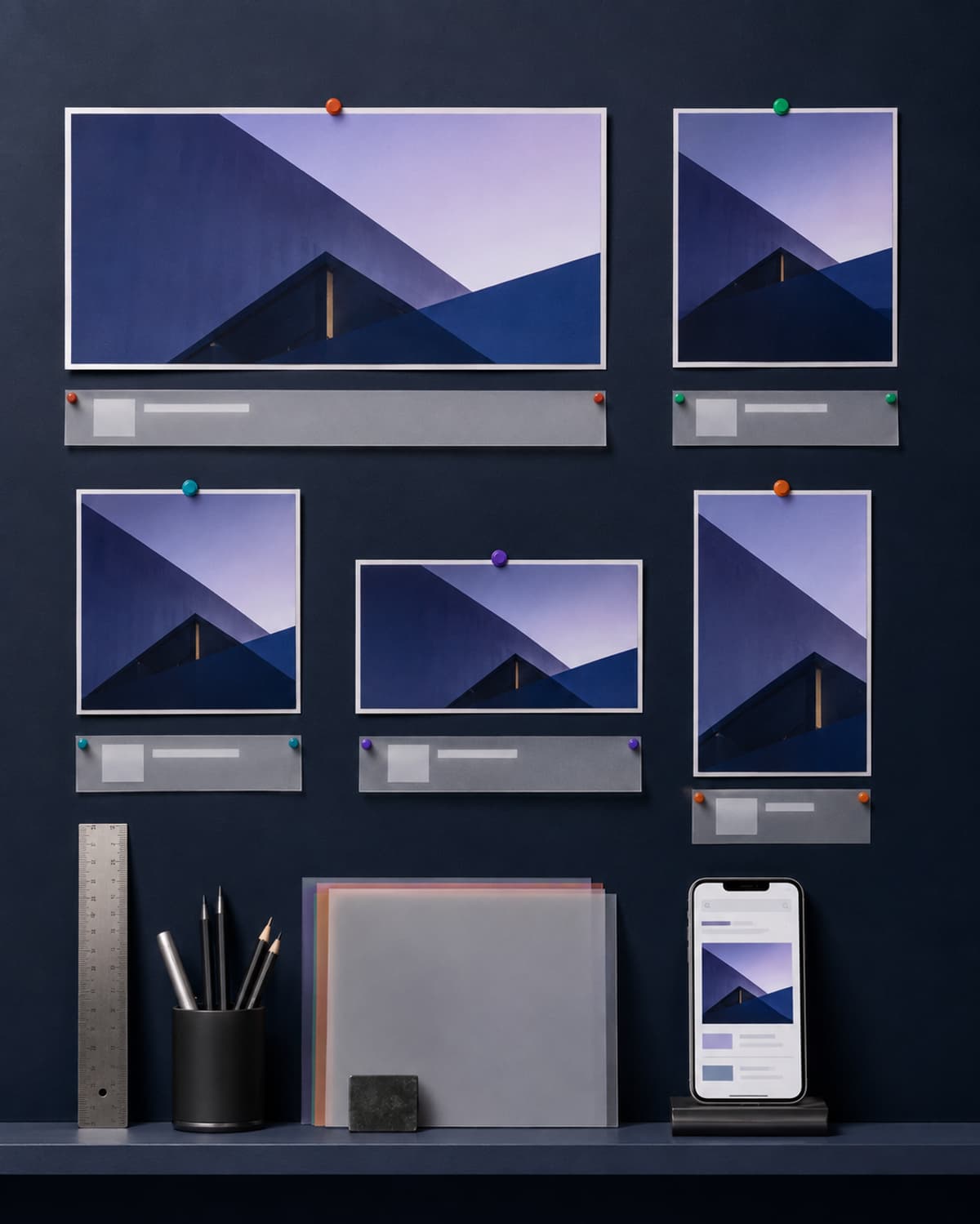 A dark studio wall shows image crops in multiple aspect ratios with abstract metadata strips and a phone preview.