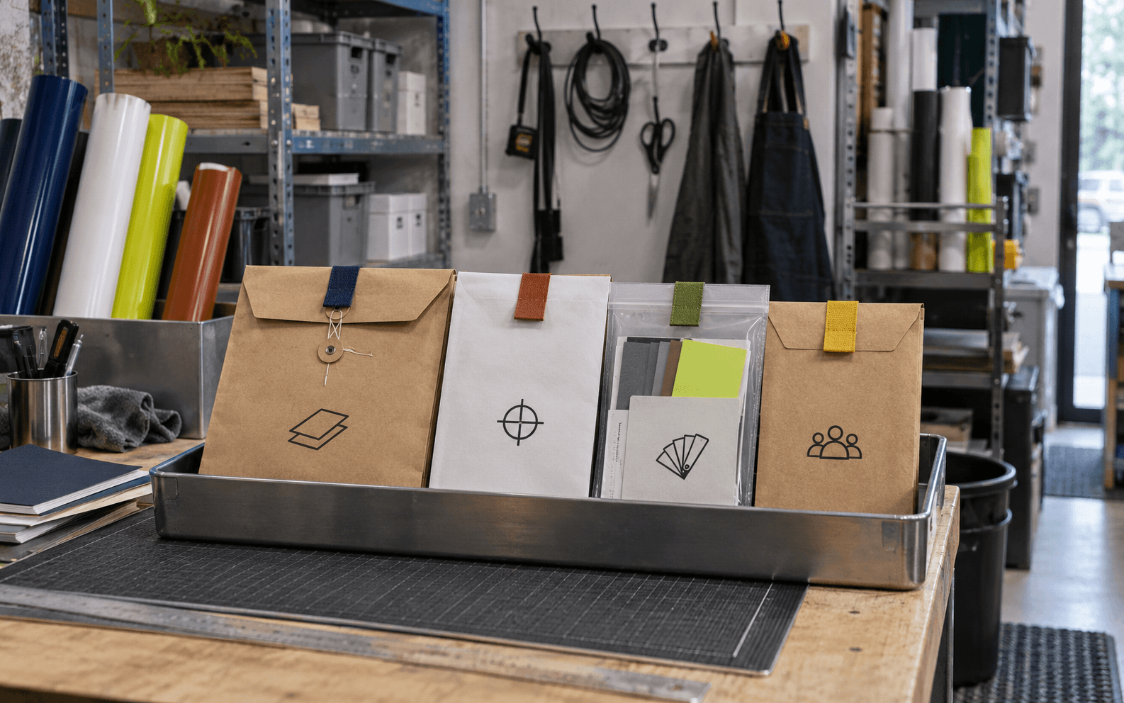 A production tray holds blank vendor envelopes, material samples, and color tabs in a workshop.
