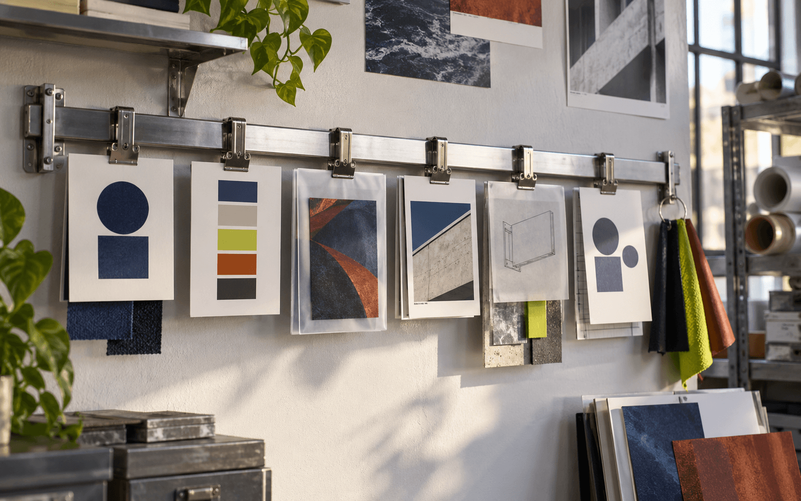 A studio wall rail displays blank brand asset cards, material samples, color chips, and proof sleeves.