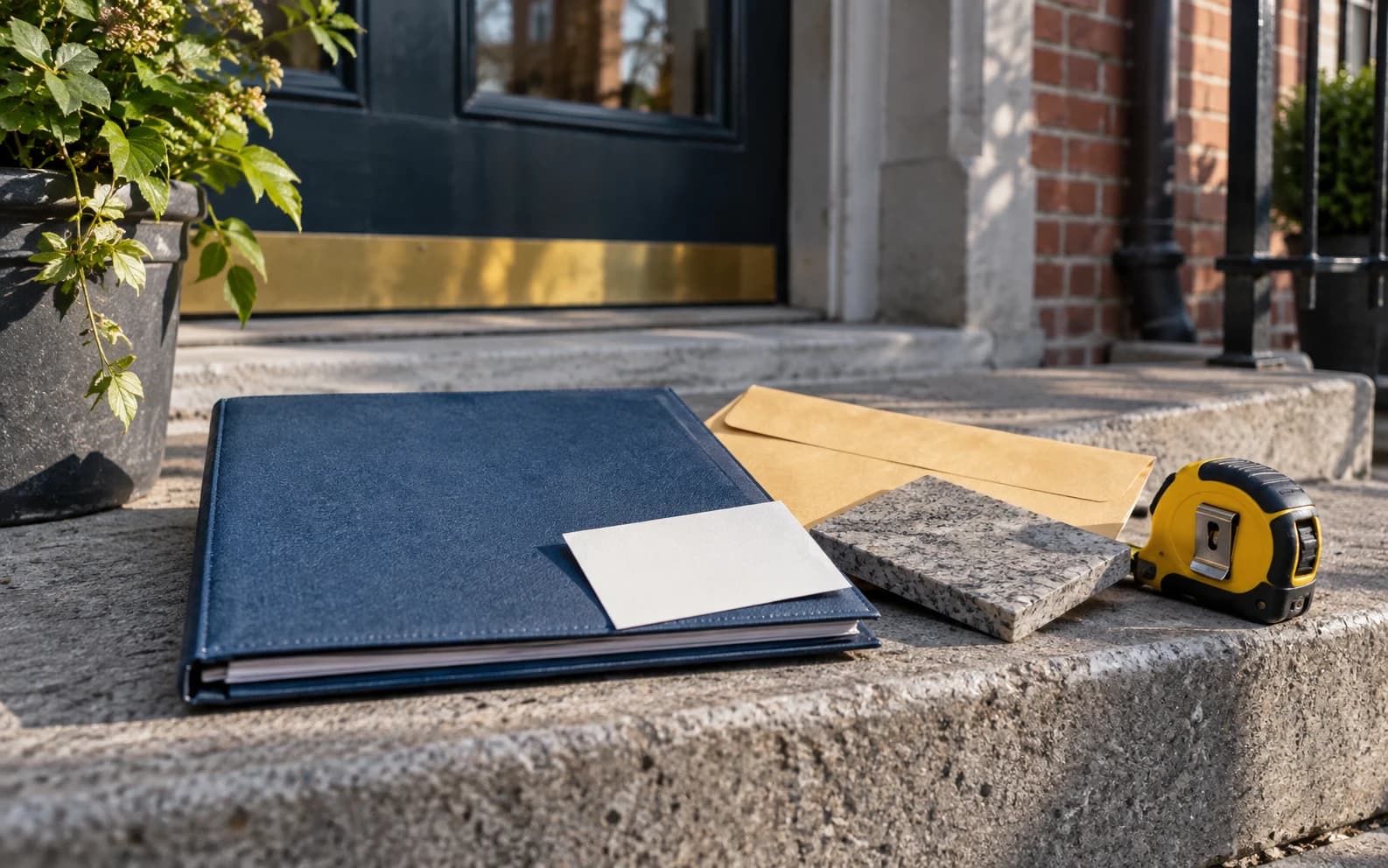 An unbranded estimate folder, envelope, material sample, and measuring tape rest on a stone step outside a local building.