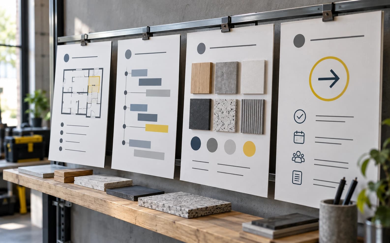 Four unbranded estimate panels with abstract scope, timeline, materials, and next-step icons hang on a workshop rail.