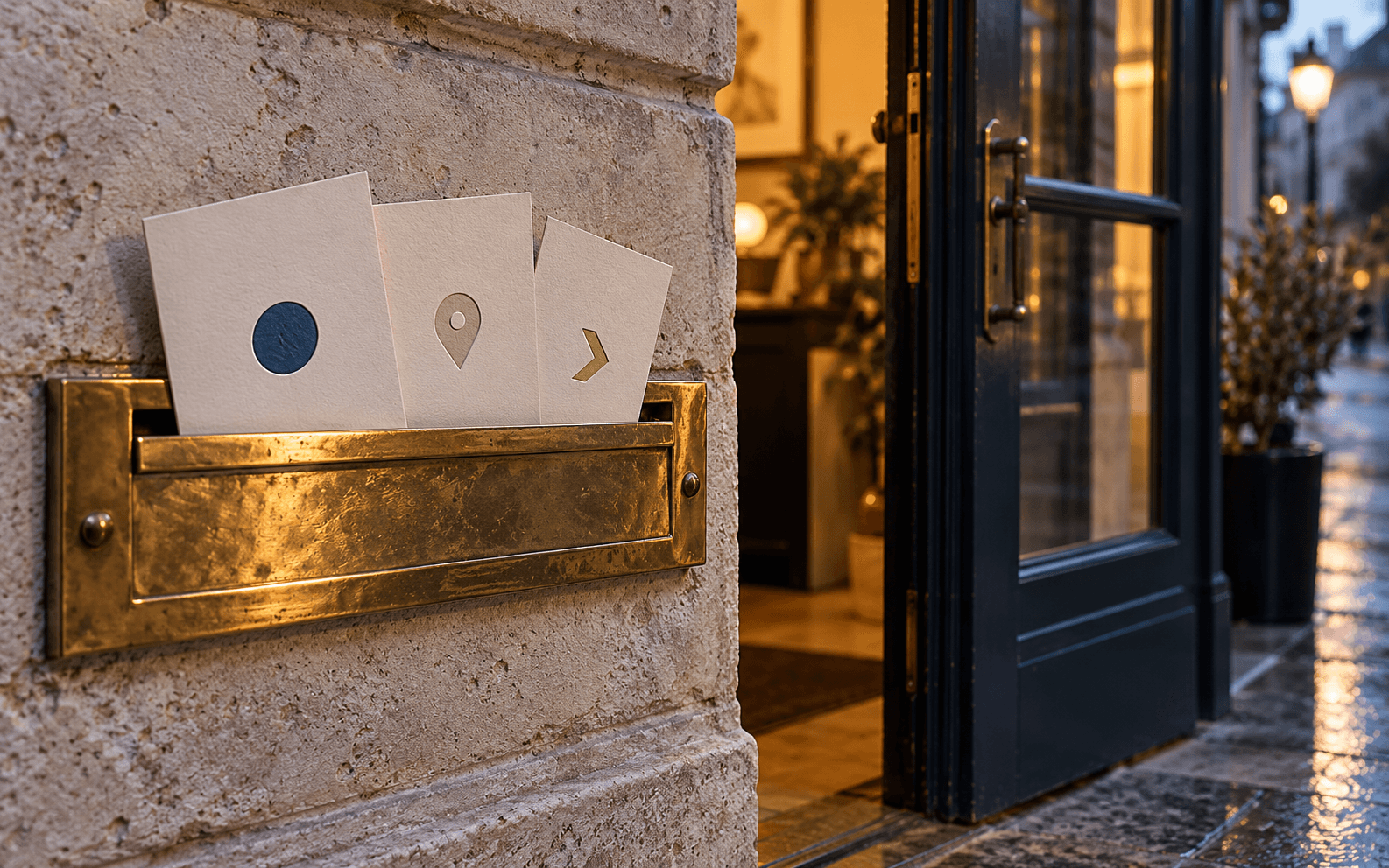Blank tactile cards sit in a brass wall slot beside an open neighborhood business door at dusk.