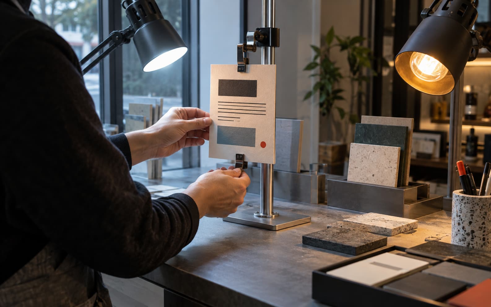A printed price card is clipped to a testing stand between cool daylight and a warm display lamp.