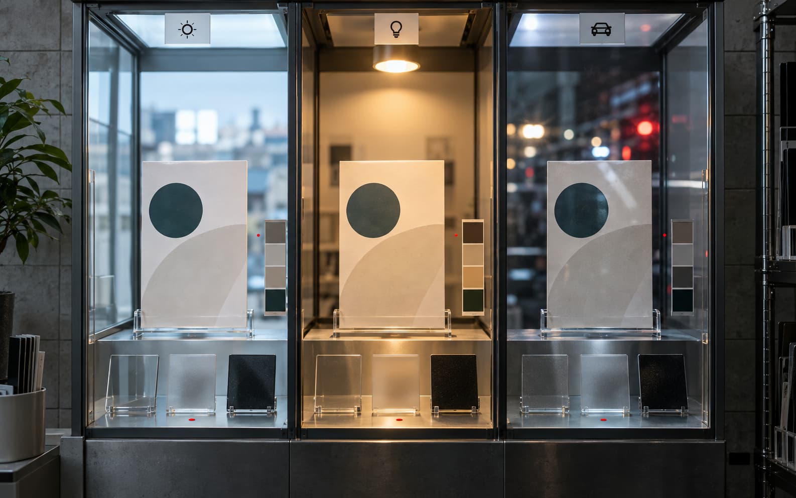 Three glass lighting bays compare the same abstract card under daylight, display light, and street reflection.