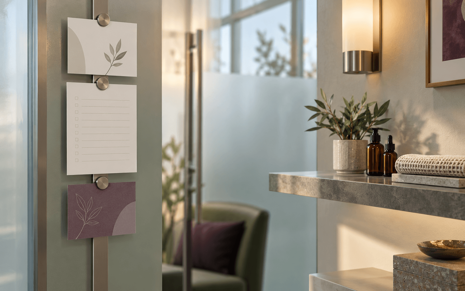 Blank med spa inquiry, intake, and aftercare cards are clipped beside frosted glass and amber bottles.