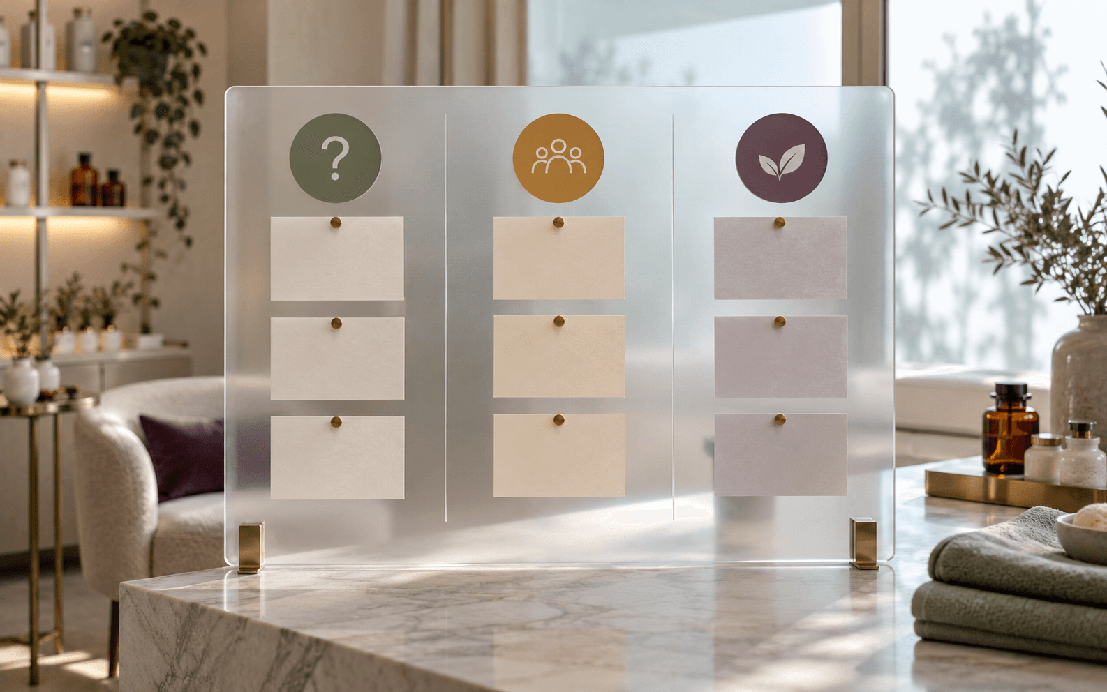 A translucent med spa planning screen groups blank cards for questions, expectations, and follow-up.