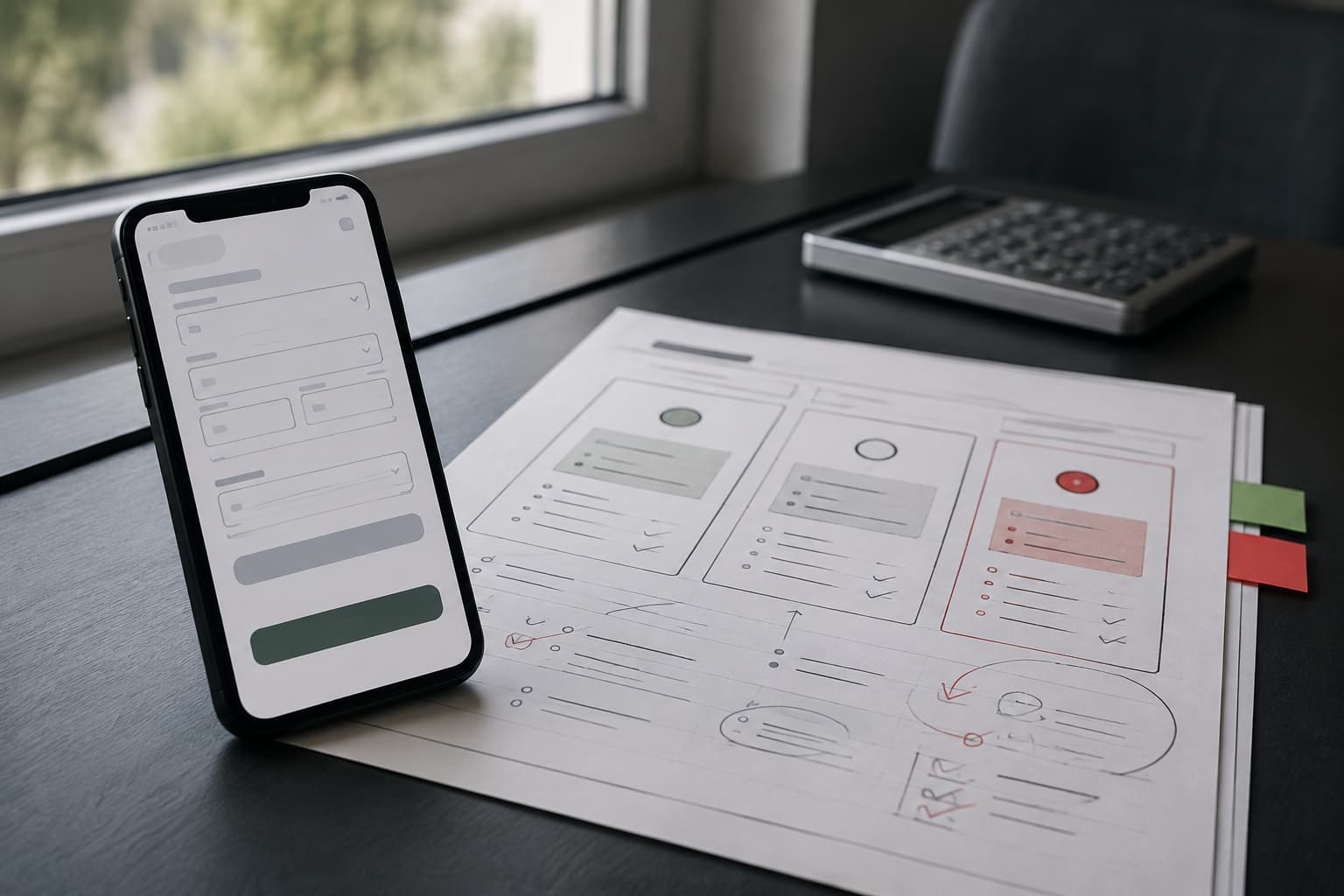 A phone quote form sits beside a marked worksheet with abstract option blocks and decision tabs.