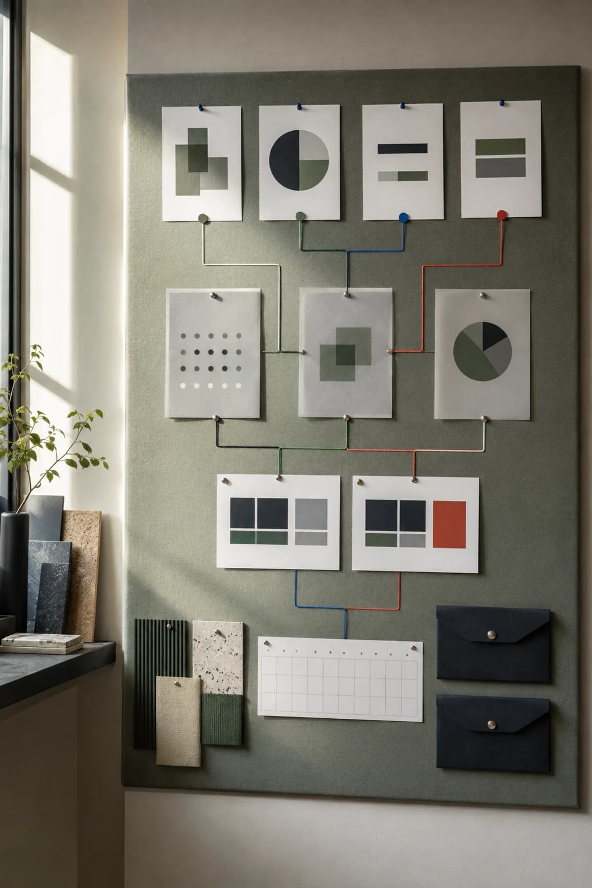 A wall-mounted proposal decision map uses abstract cards and colored connectors to organize fit, timing, budget, and next steps.