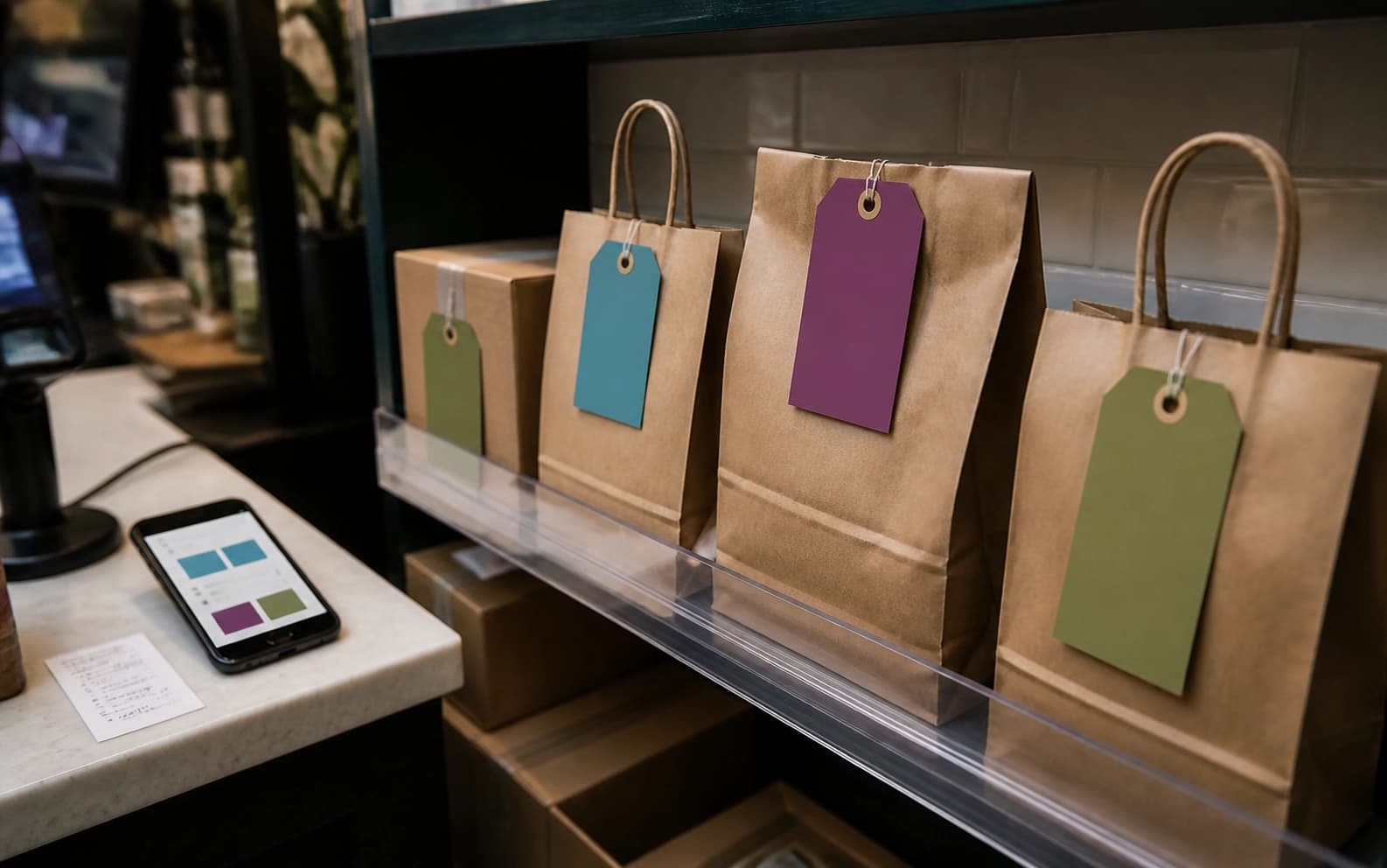 Unbranded retail pickup bags with blank color tags sit on a shelf beside a phone with abstract order blocks.
