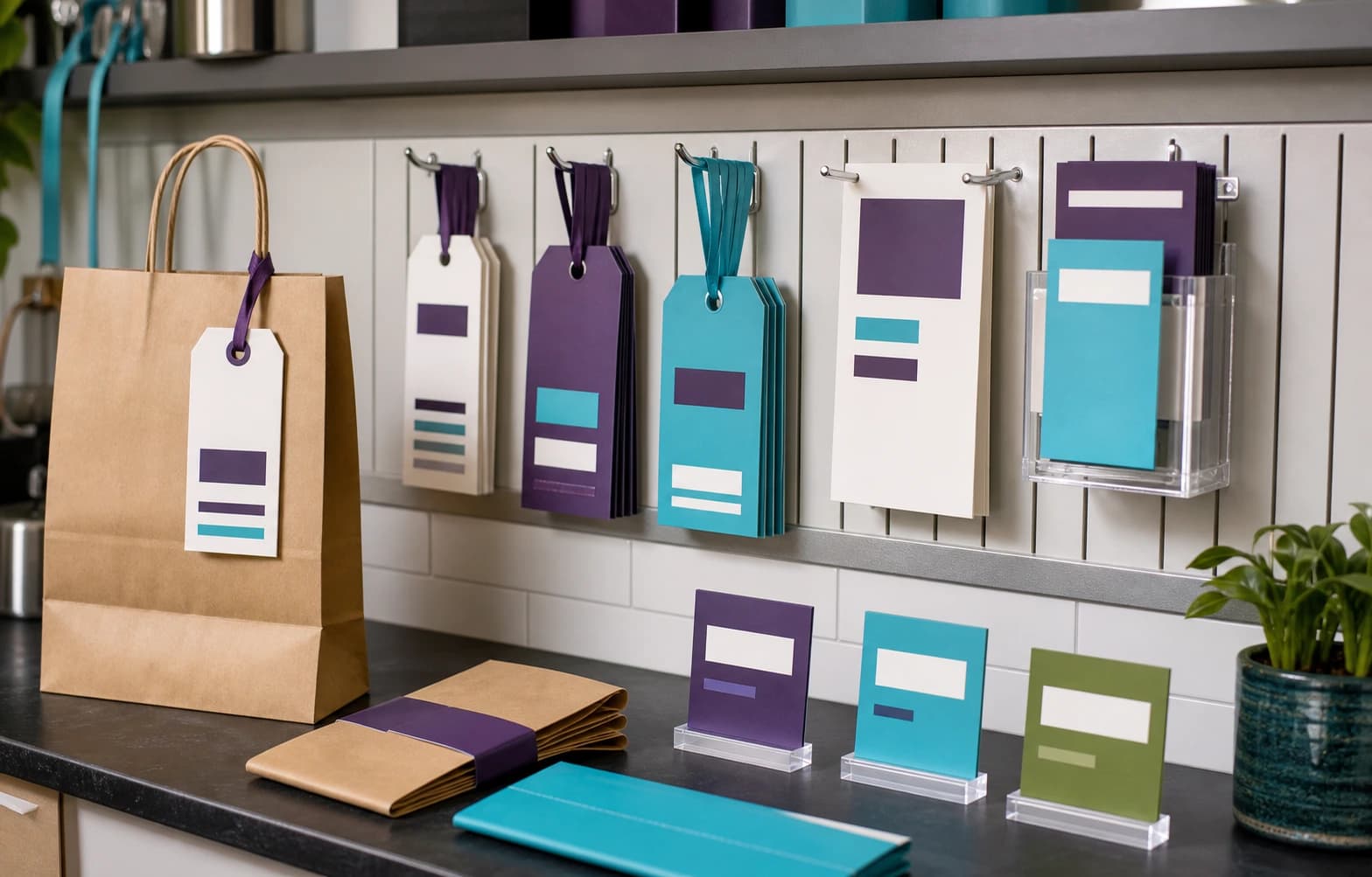 A retail production rail shows blank bag tags, package bands, receipt inserts, and shelf cards in one color-coded system.