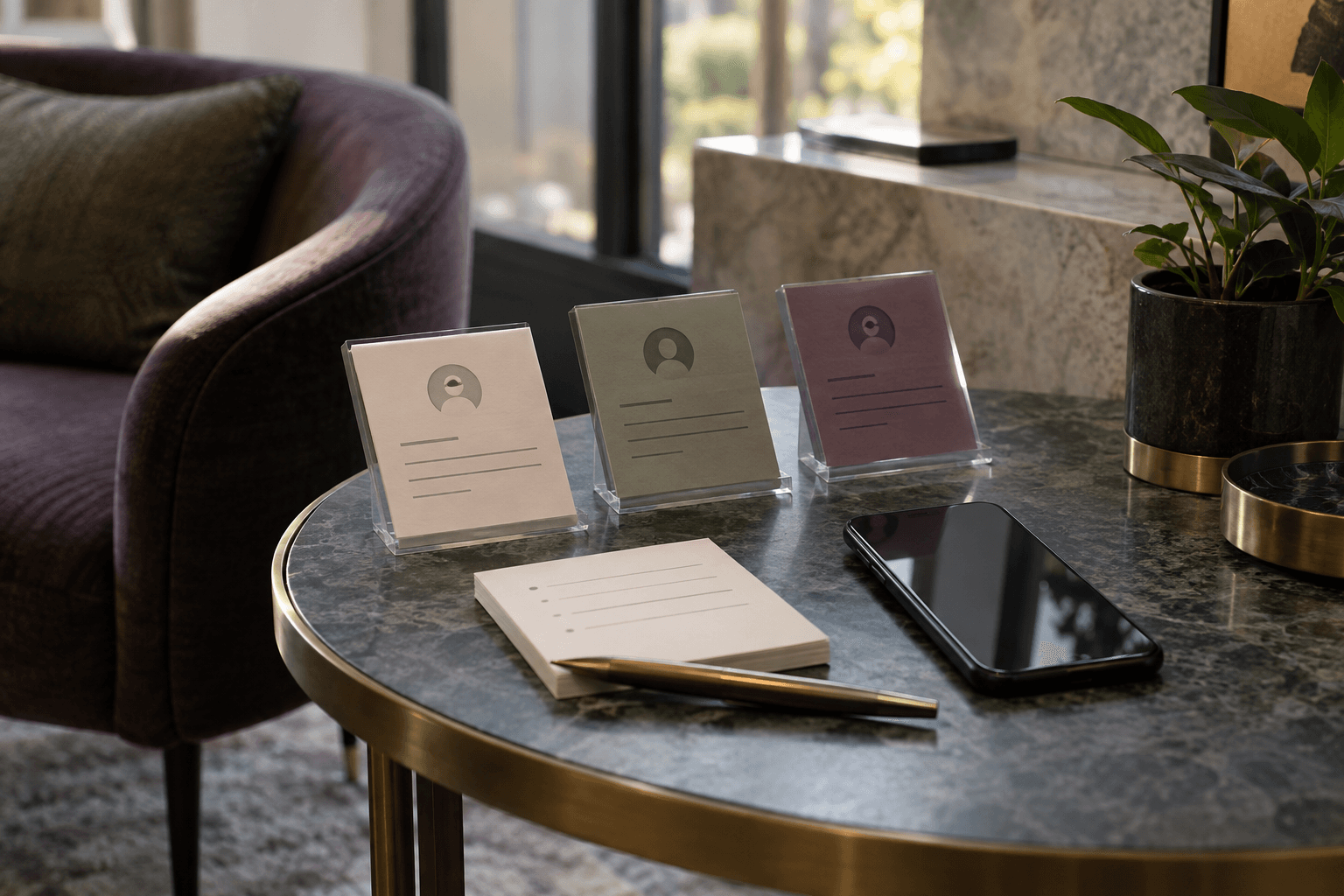 Anonymous review cards, a blank phone, and follow-up notes sit on a reception side table.