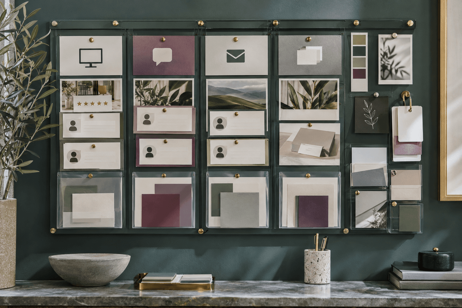 A wall-mounted planning board organizes anonymous review cards, channel formats, and response notes.