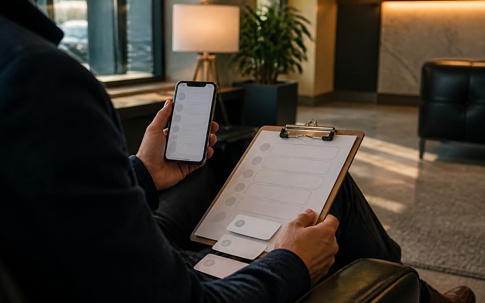 A customer in a professional lobby compares a blank phone service page with a structured intake clipboard.