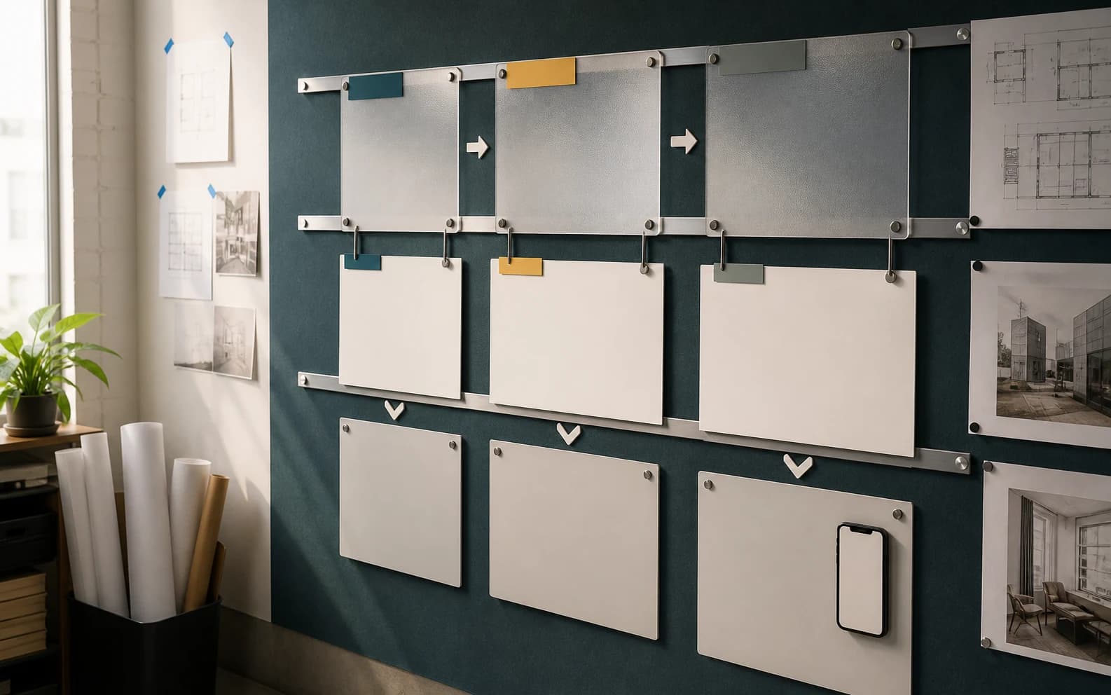 A standing project wall shows blank service-page modules arranged from customer question to answer and booking handoff.