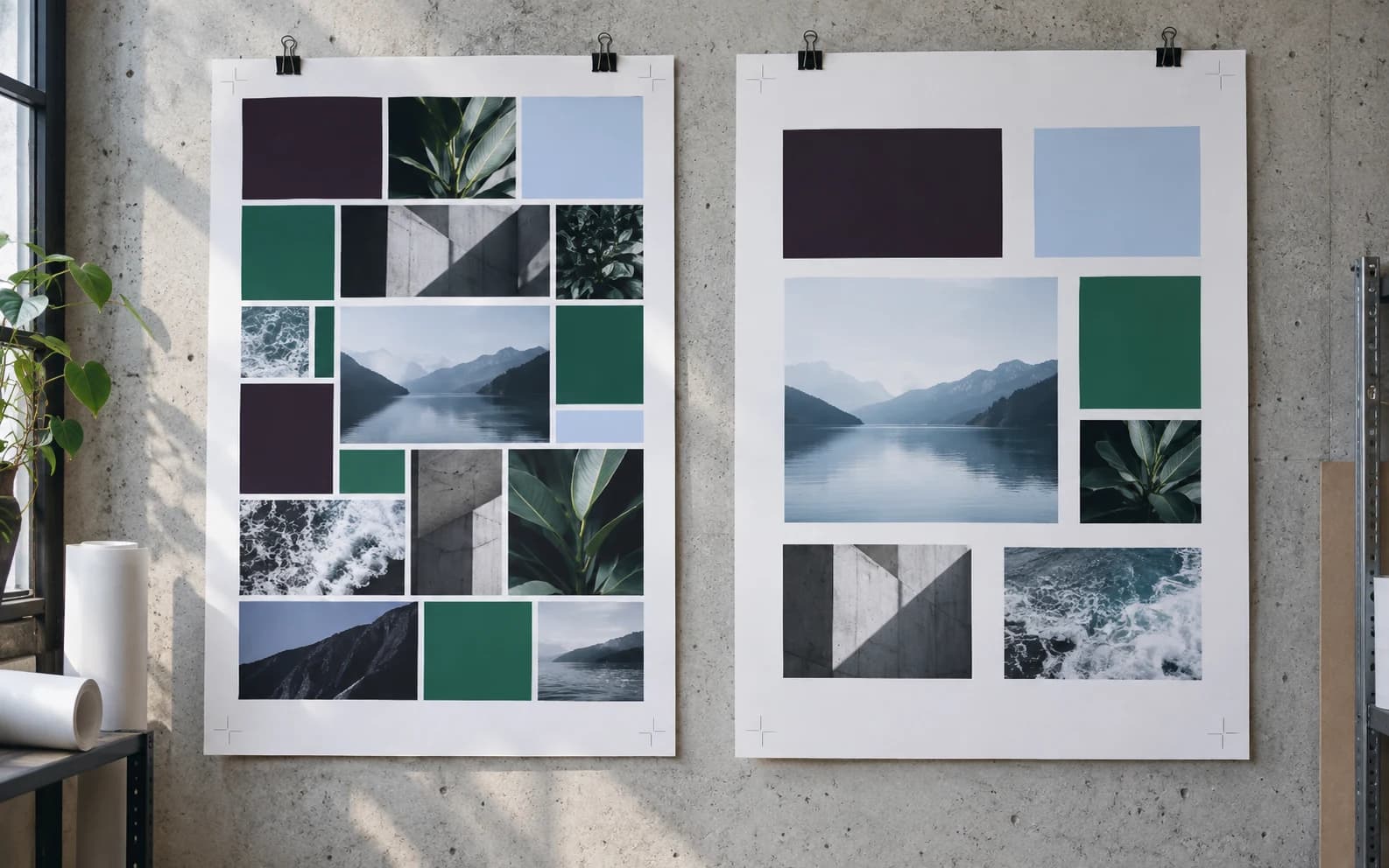 Two clipped poster proofs compare a crowded arrangement of image blocks with a more spacious layout using the same elements.