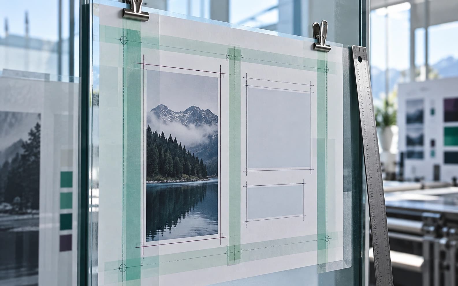 A clipped proof with translucent margin overlays, blank copy zones, image crop rectangles, and a metal ruler on glass.